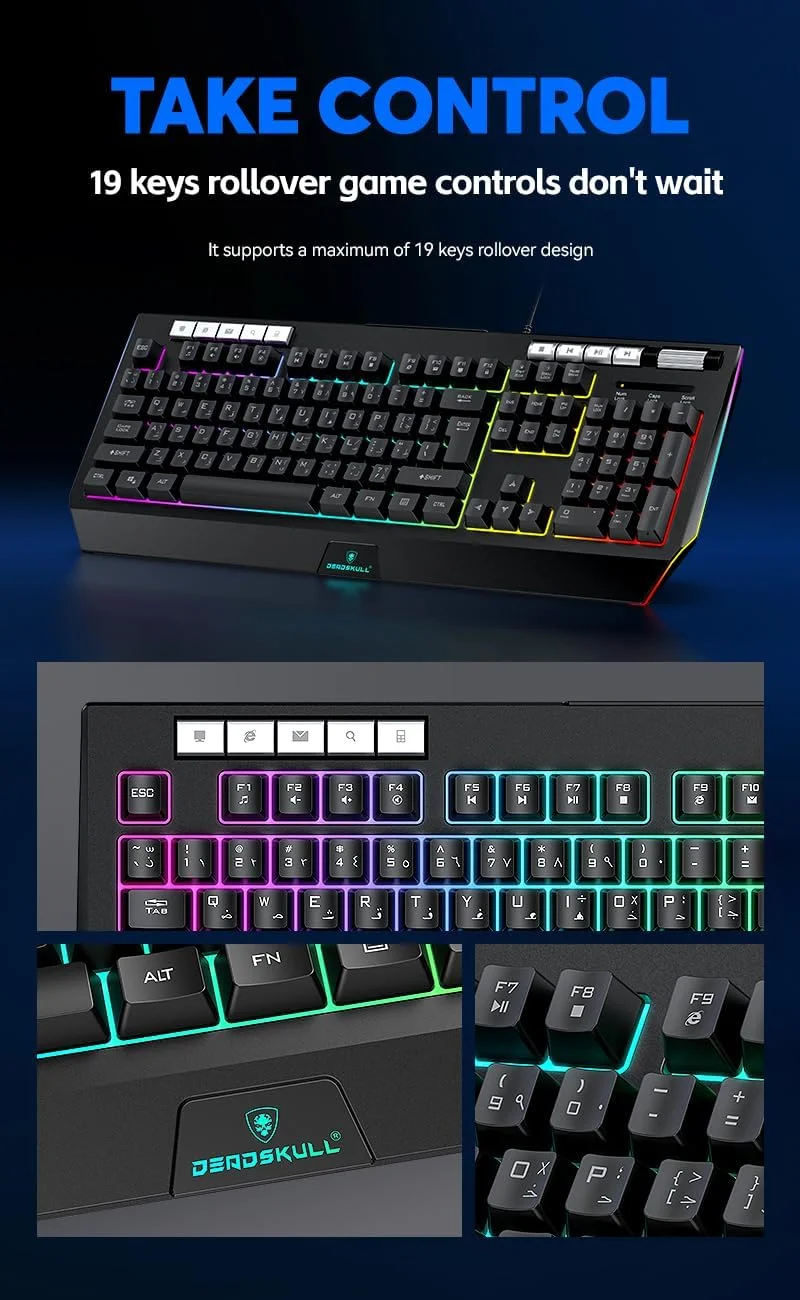 ست ترکیبی گیمینگ 4 در 1 DEADSKULL C880، کیبورد RGB با کنترل نور پس زمینه، ماوس گیمینگ، هدست LED و ماوس پد XL، مشکی