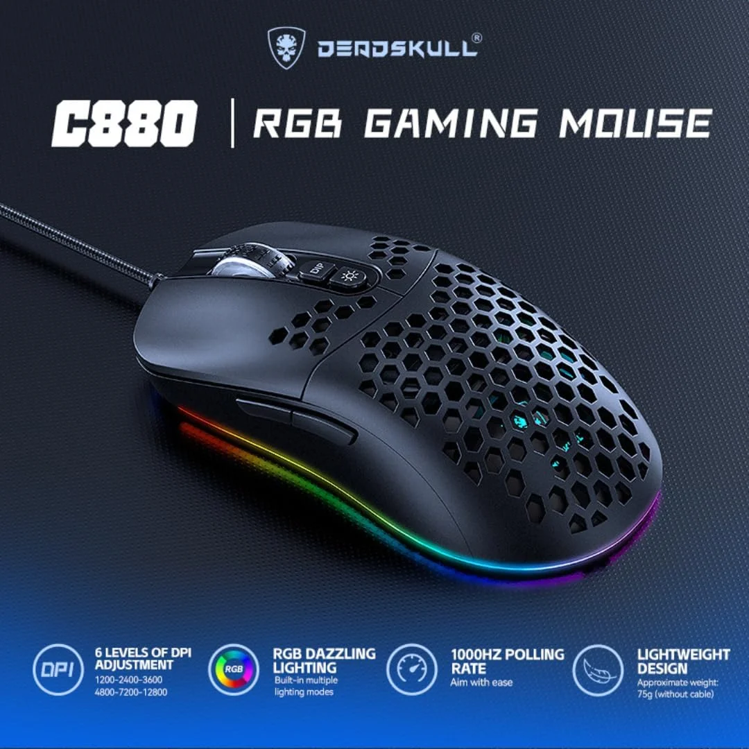 ست ترکیبی گیمینگ 4 در 1 DEADSKULL C880، کیبورد RGB با کنترل نور پس زمینه، ماوس گیمینگ، هدست LED و ماوس پد XL، مشکی