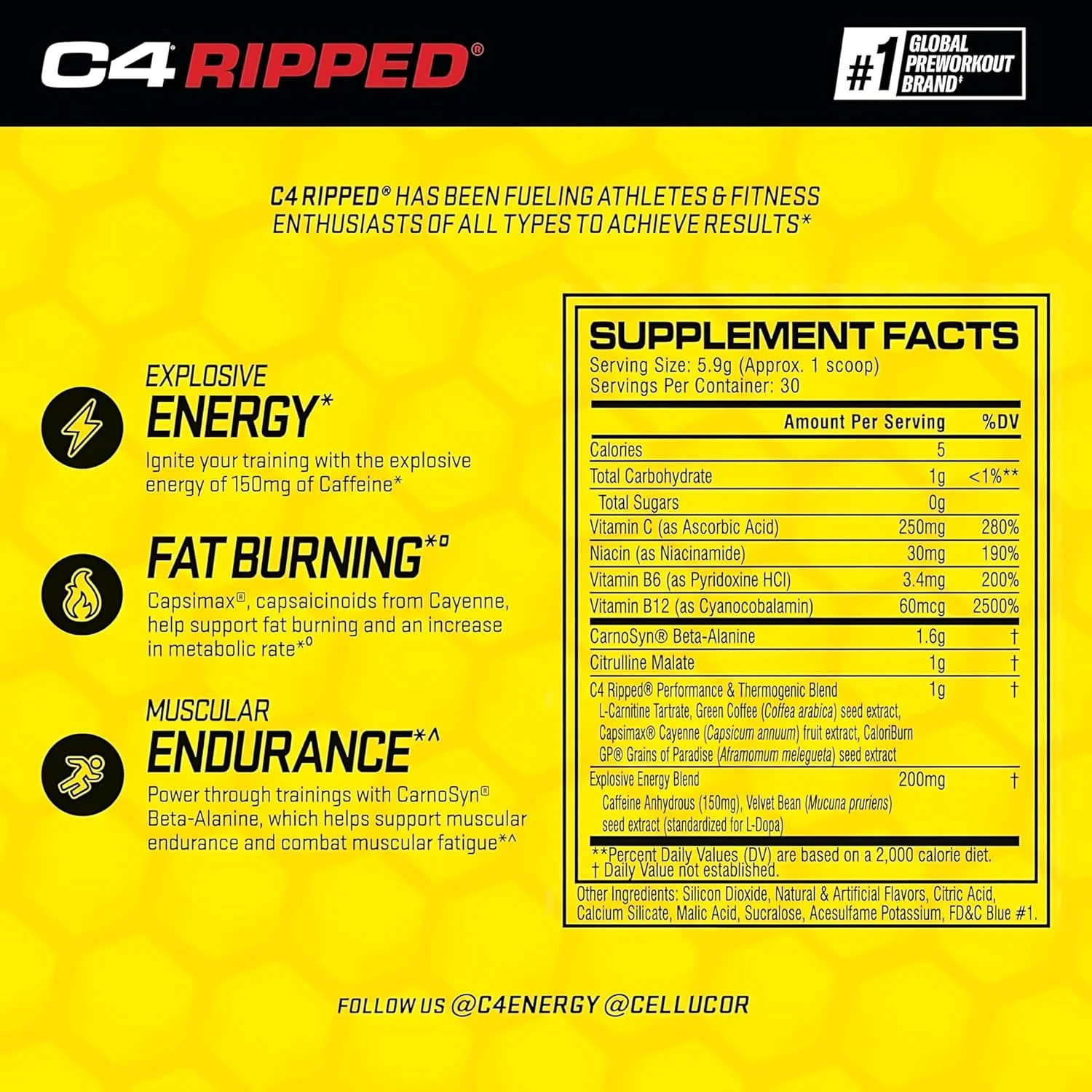 پودر مکمل قبل از تمرین Cellucor C4 Ripped با طعم پانچ استوایی | بدون کراتین + مکمل انرژی قبل از تمرین بدون شکر برای مردان و زنان | 150 میلی گرم کافئین + بتا آلانین | 30 سروینگ (بسته بندی ممکن است متفاوت باشد) پودر مکمل قبل از تمرین Cellucor C4 Ripped با طعم پانچ استوایی | بدون کراتین + مکمل انرژی قبل از تمرین بدون شکر برای مردان و زنان | 150 میلی گرم کافئین + بتا آلانین | 30 سروینگ (بسته بندی ممکن است متفاوت باشد)