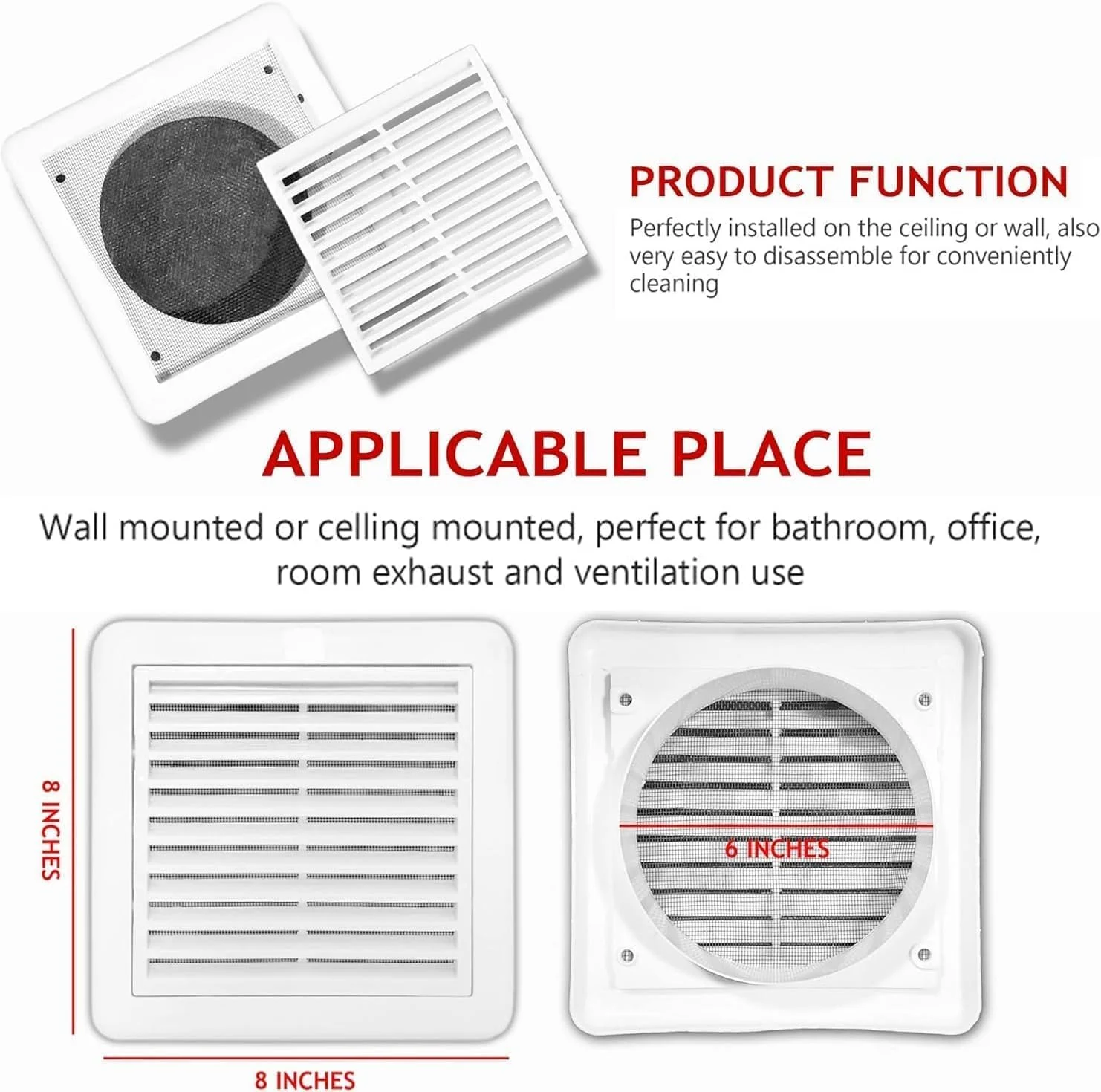دریچه ثابت PVC بیلا - پوشش تهویه سفید با محافظ حشرات، پلاستیک ABS برای آشپزخانه، حمام، اتاق خواب و دفتر (6 اینچ)