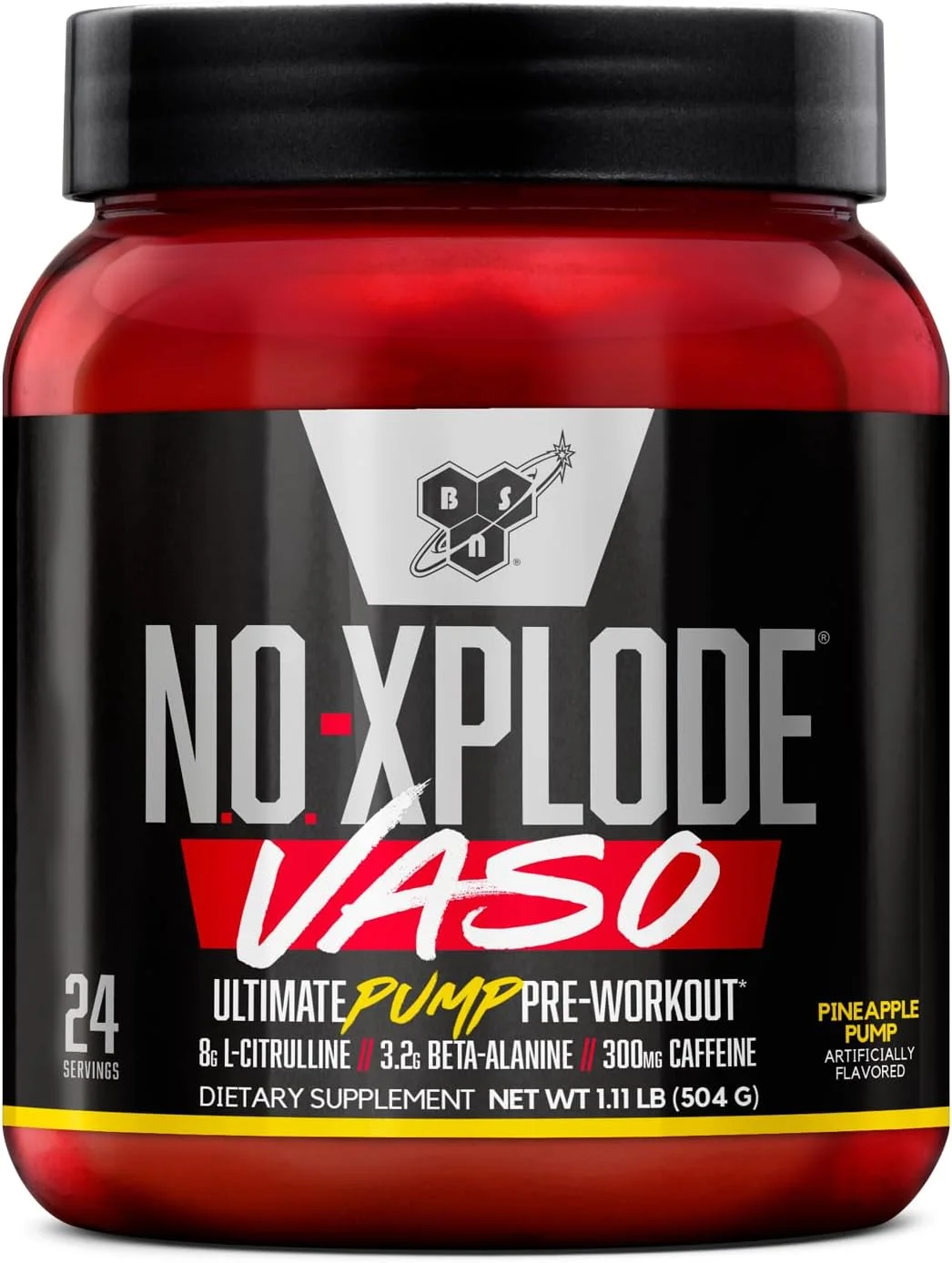 پودر مکمل قبل از تمرین BSN N.O.-XPLODE Vaso با 8 گرم ال-سیترولین و 3.2 گرم بتا آلانین و انرژی، طعم: آناناس پمپ، 24 سروینگ
