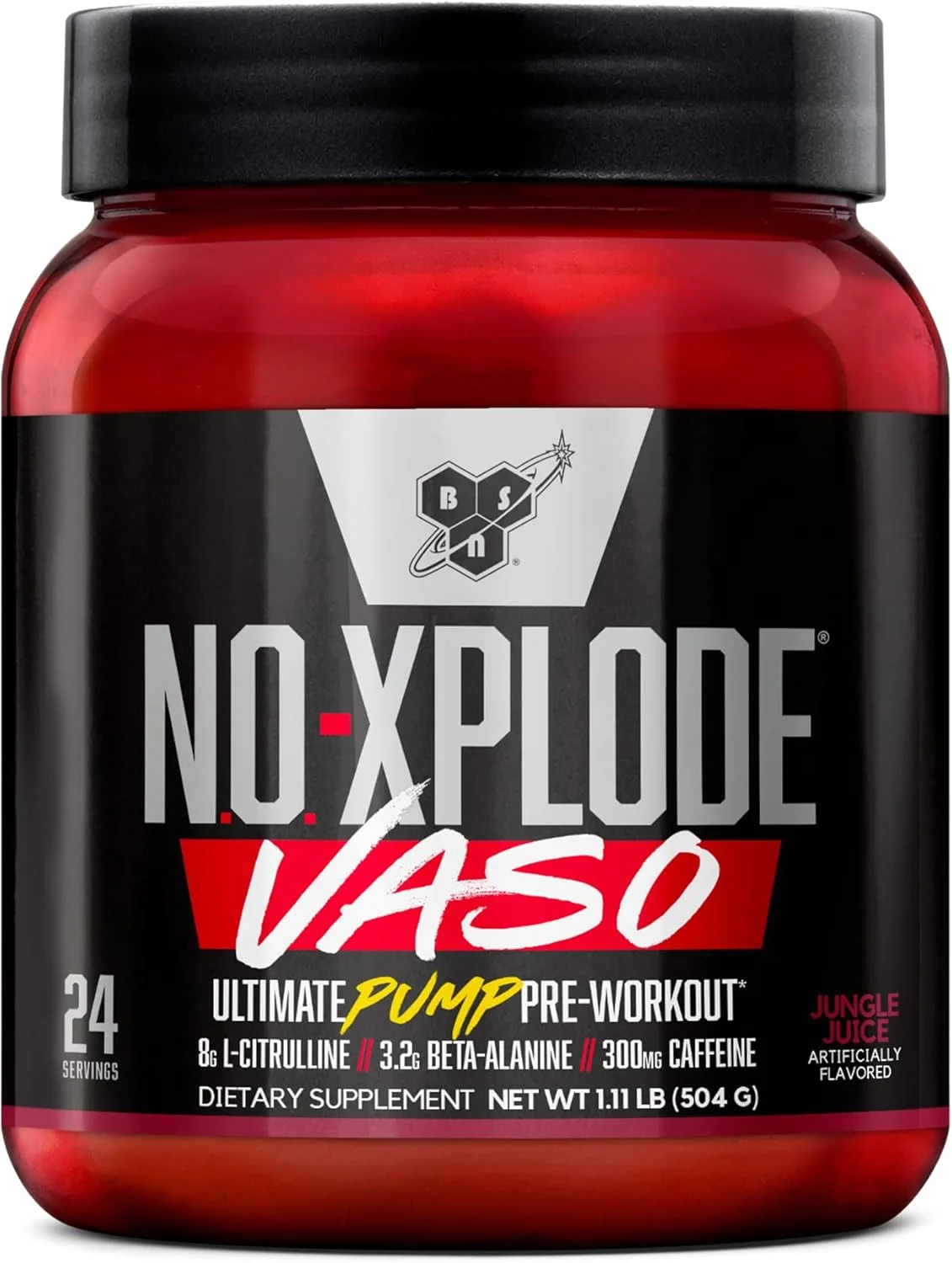 مکمل قبل از تمرین BSN NO-Xplode Vaso Pump، طعم Jungle Juice – 1.11 پوند، ترکیب پمپ نهایی 4 در 1 با سیترولین، بتا آلانین، کراتین نیترات و کافئین برای انرژی و تمرکز