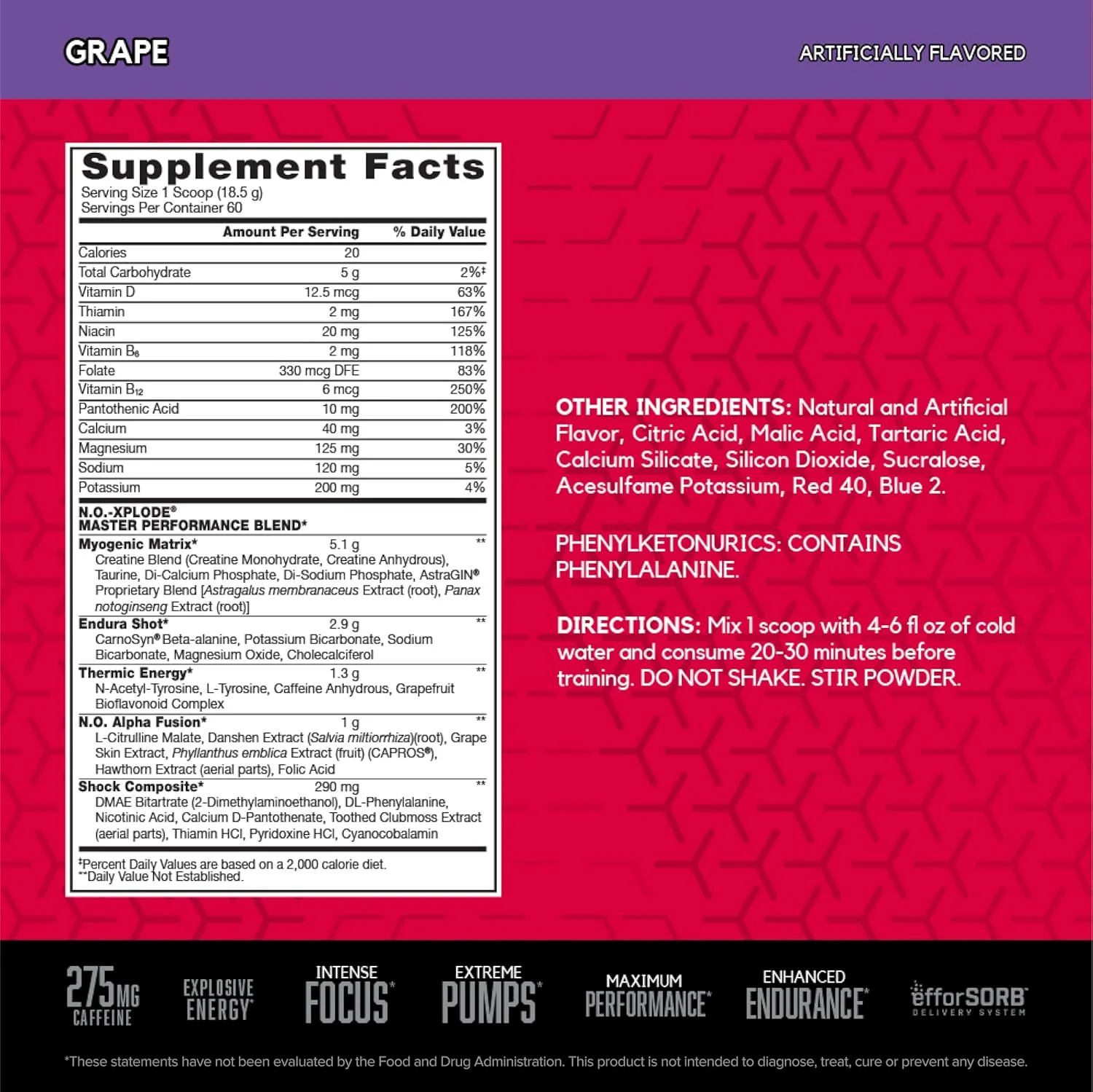 پودر مکمل قبل از تمرین BSN N.O.-XPLODE، مکمل انرژی برای مردان و زنان با کراتین و بتا آلانین، طعم: انگور، 60 سروینگ
