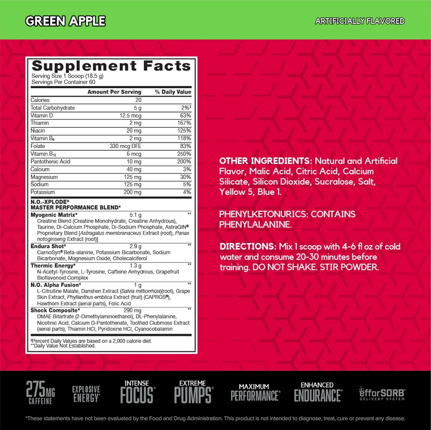 پودر مکمل قبل از تمرین BSN N.O.-XPLODE، مکمل انرژی برای مردان و زنان با کراتین و بتا آلانین، طعم: سیب سبز، 60 سروینگ