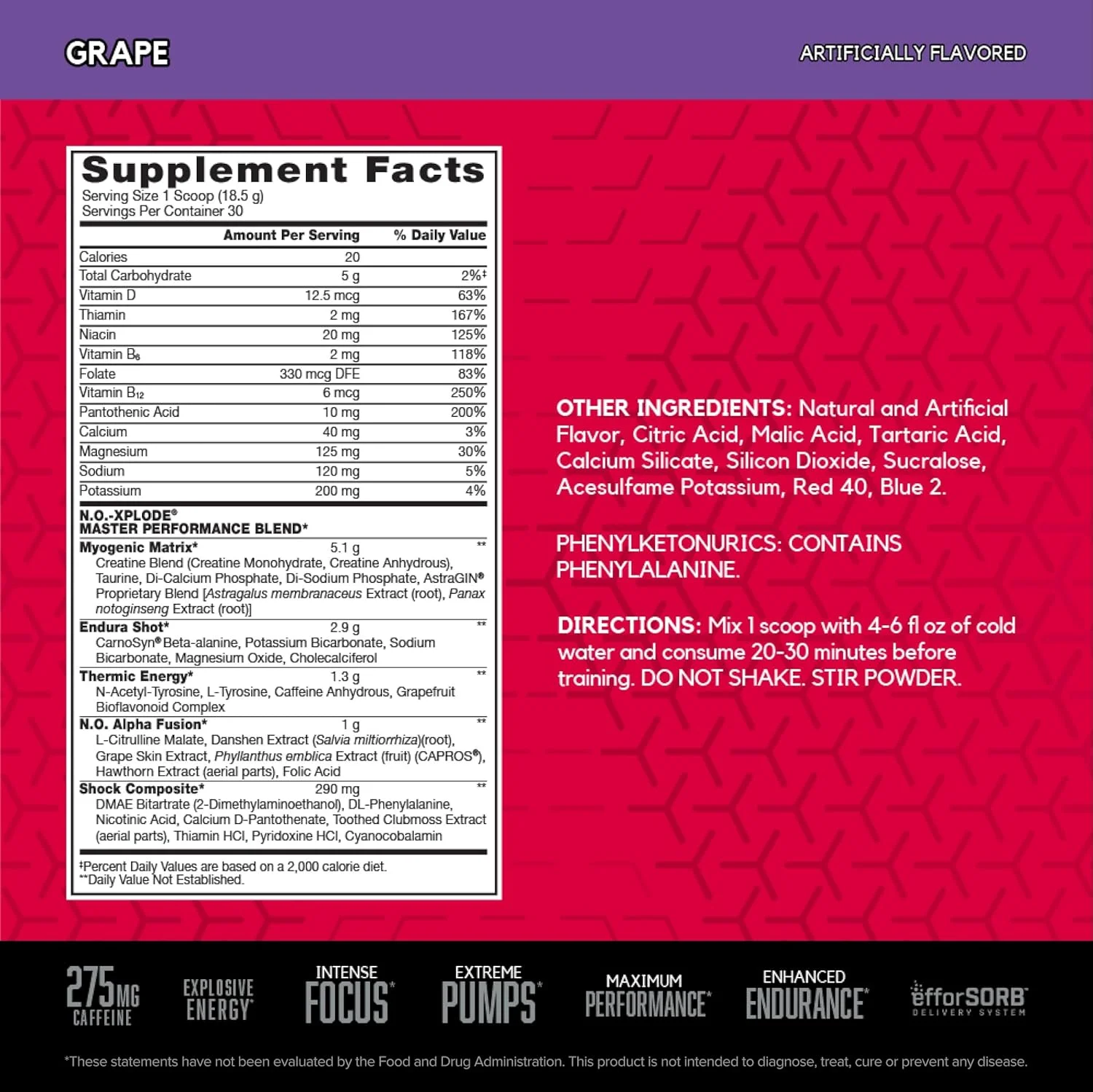 مکمل قبل از تمرین افسانه‌ای BSN N.O.-XPLODE با کراتین، بتا آلانین و انرژی، مکمل غذایی، 1.22 پوند (555 گرم)، انگور، 30 سروینگ