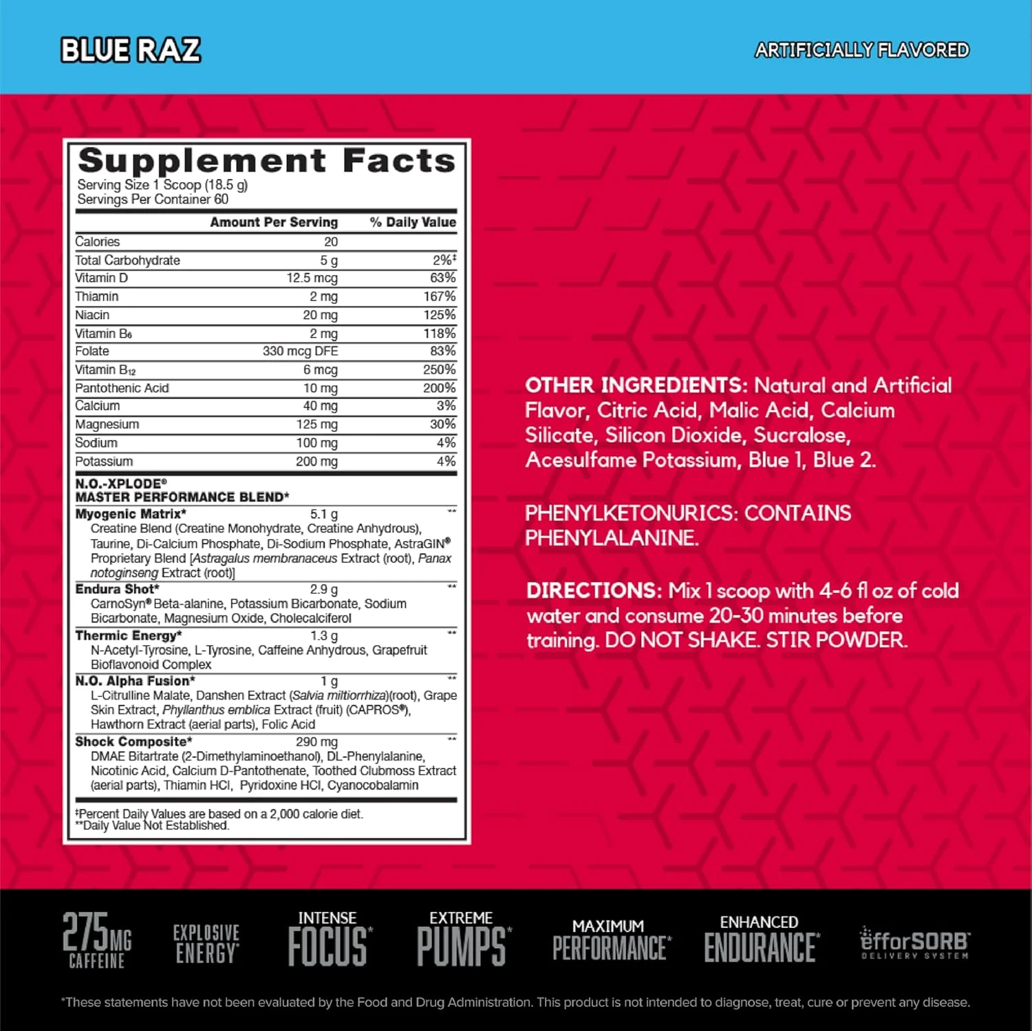 پودر مکمل قبل از تمرین BSN N.O.-XPLODE، مکمل انرژی برای مردان و زنان با کراتین و بتا آلانین، طعم: بلوراز، 60 سروینگ