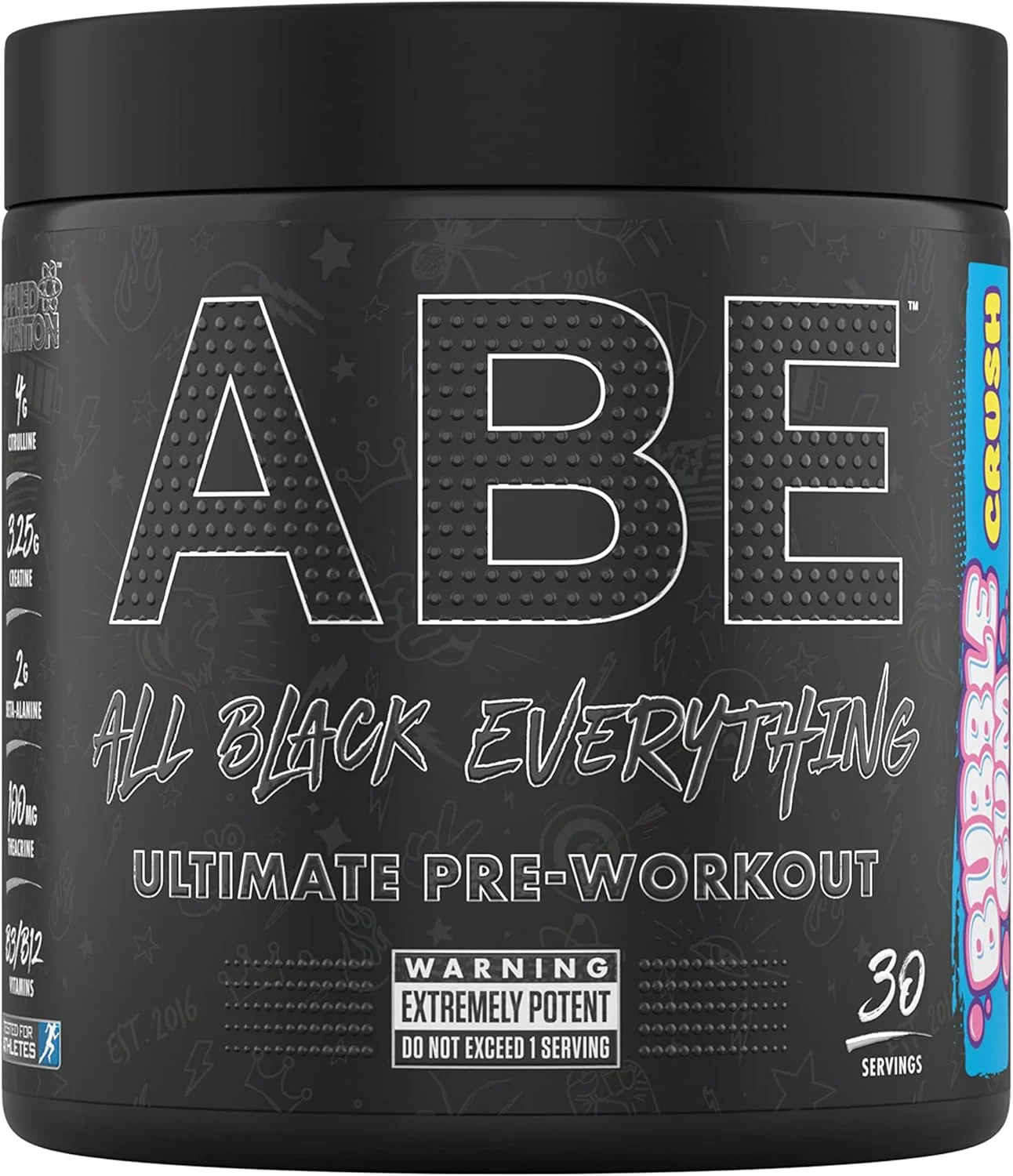 پودر مکمل قبل از تمرین Applied Nutrition ABE All Black Everything، انرژی و عملکرد فیزیکی با سیترولین، کراتین، بتا آلانین، کافئین، کمپلکس ویتامین B (30 سروینگ، آدامس بادکنکی)