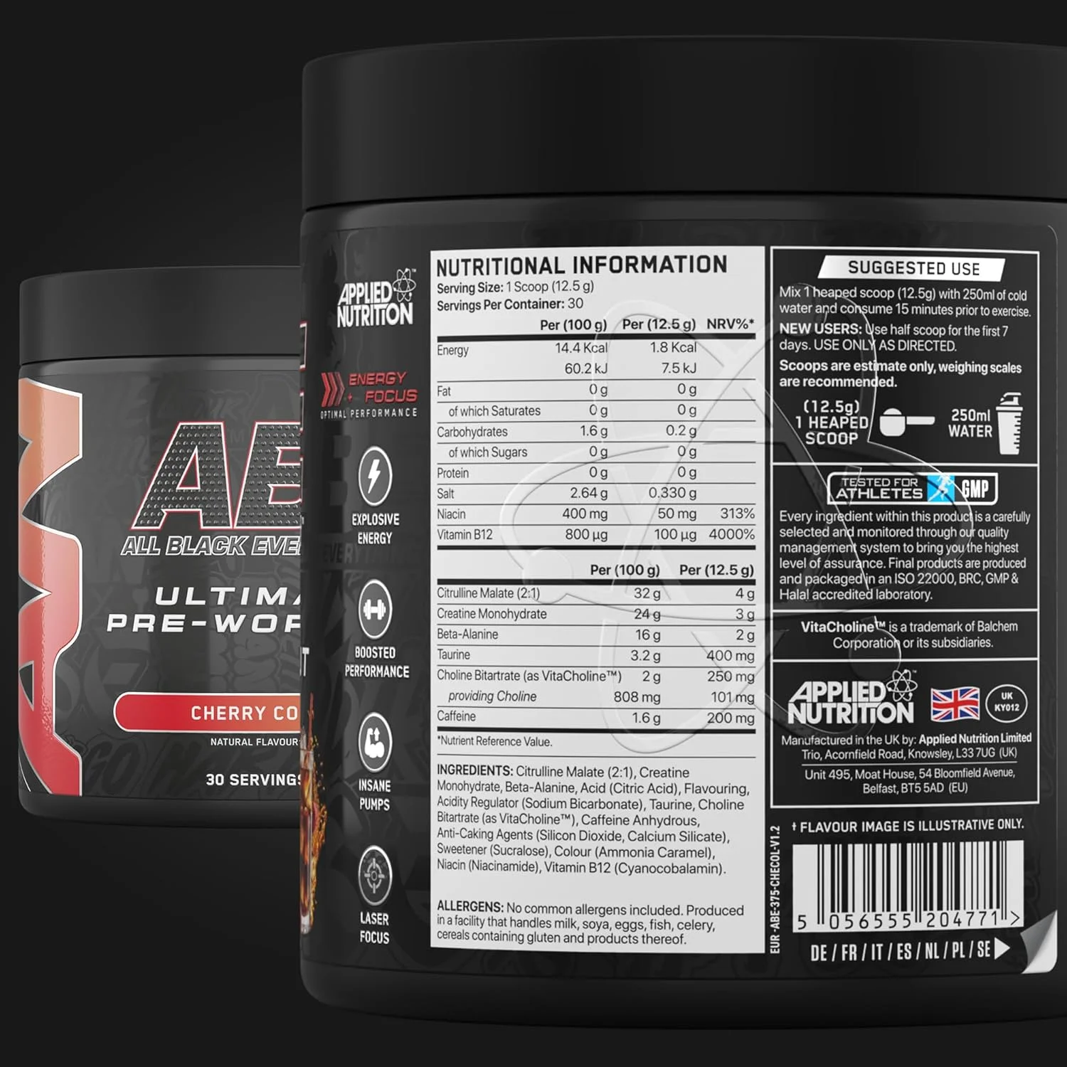 مکمل قبل از تمرین Applied Nutrition ABE - پودر قبل از تمرین All Black Everything، انرژی و عملکرد فیزیکی با سیترولین، کراتین، بتا آلانین (375 گرم - 30 سروینگ) (Cherry Cola) مکمل قبل از تمرین Applied Nutrition ABE - پودر قبل از تمرین All Black Everything، انرژی و عملکرد فیزیکی با سیترولین، کراتین، بتا آلانین (375 گرم - 30 سروینگ) (Cherry Cola)