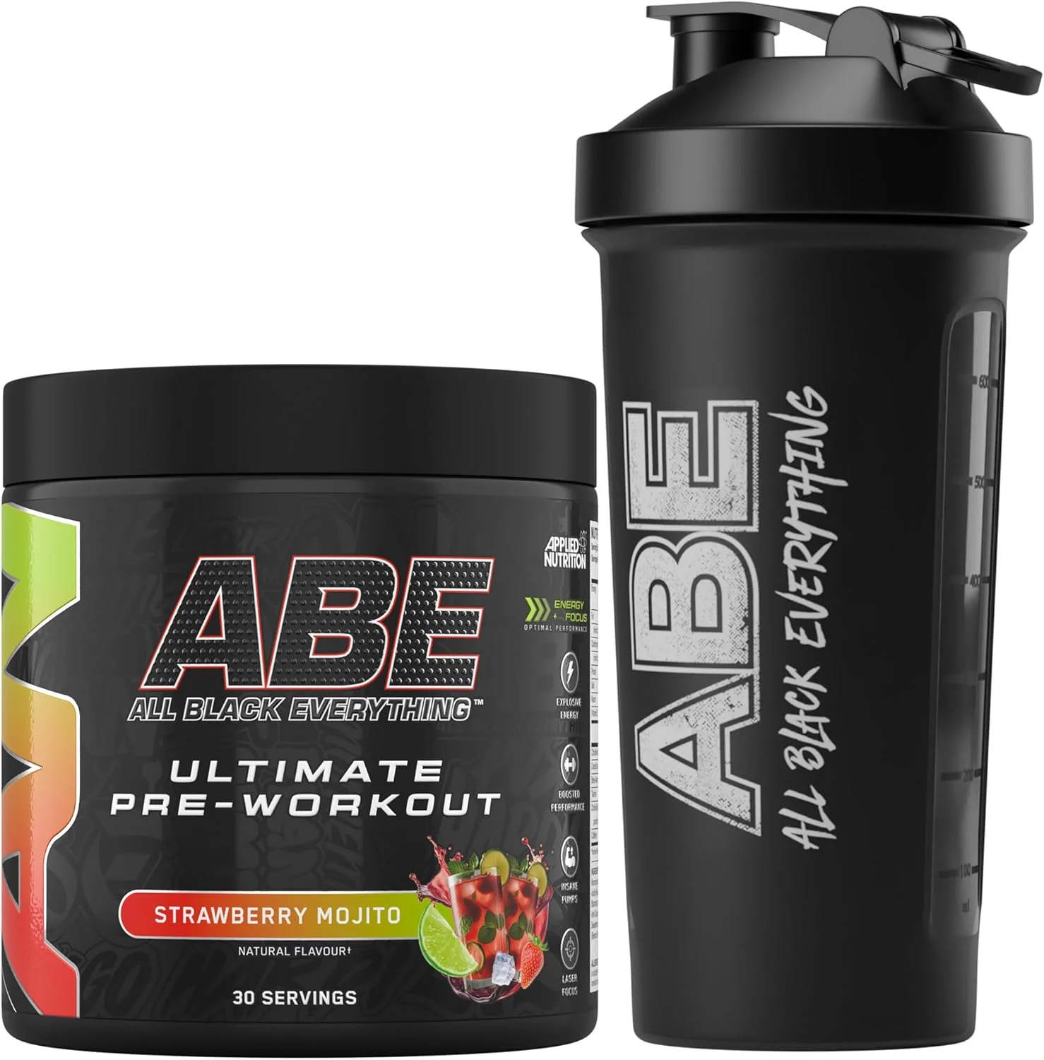 بسته تغذیه کاربردی ABE قبل از تمرین 375 گرم + شیکر مشکی ABE 700 میلی لیتر | پودر قبل از تمرین All Black Everything، نوشیدنی انرژی زا، کراتین، بتا آلانین، کافئین (موهیتو توت فرنگی)