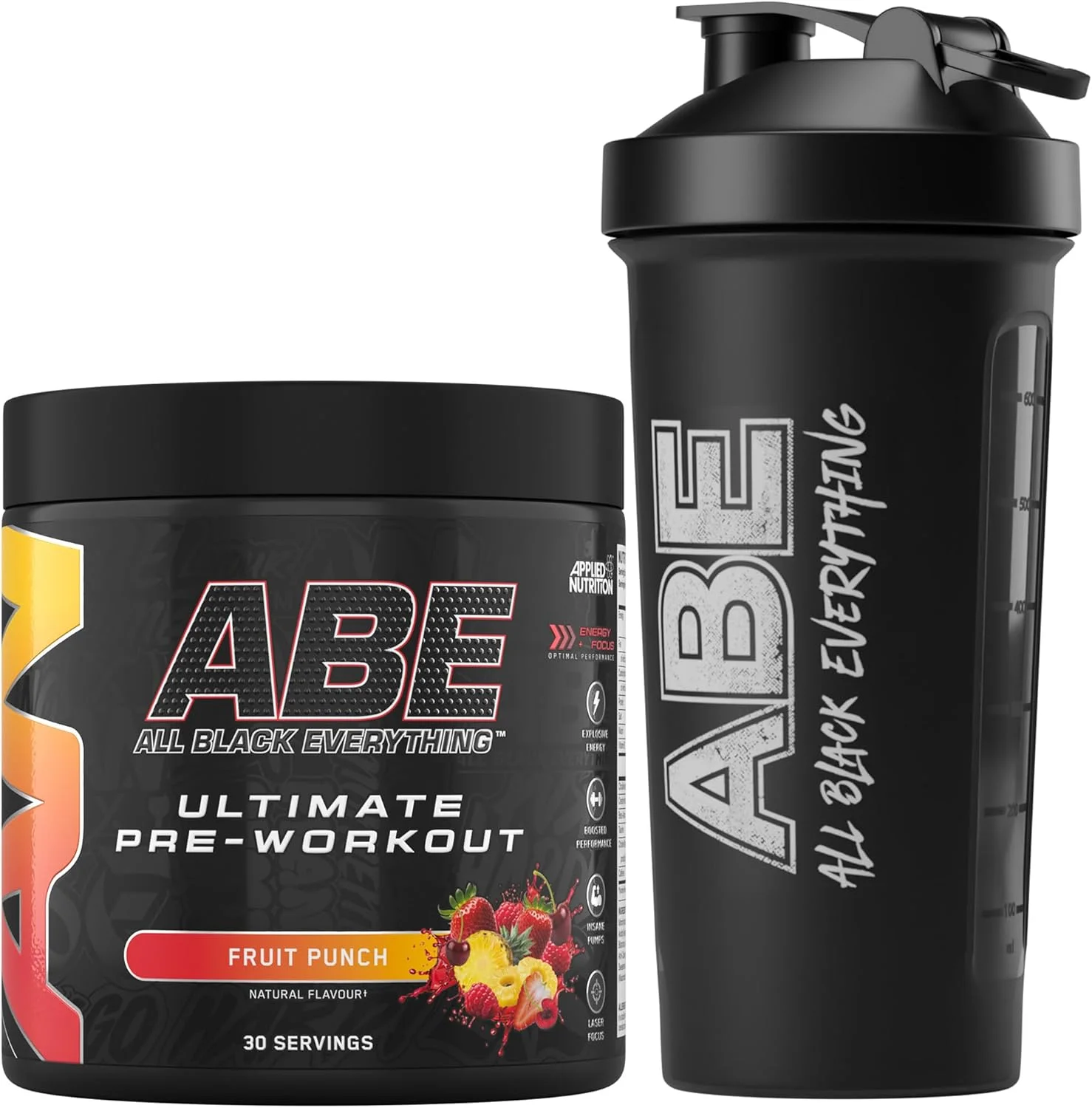 بسته تغذیه کاربردی ABE قبل از تمرین 375 گرم + شیکر مشکی ABE 700 میلی لیتر | پودر قبل از تمرین All Black Everything، نوشیدنی انرژی زا، عملکرد فیزیکی، کراتین، بتا آلانین، کافئین (پانچ میوه)