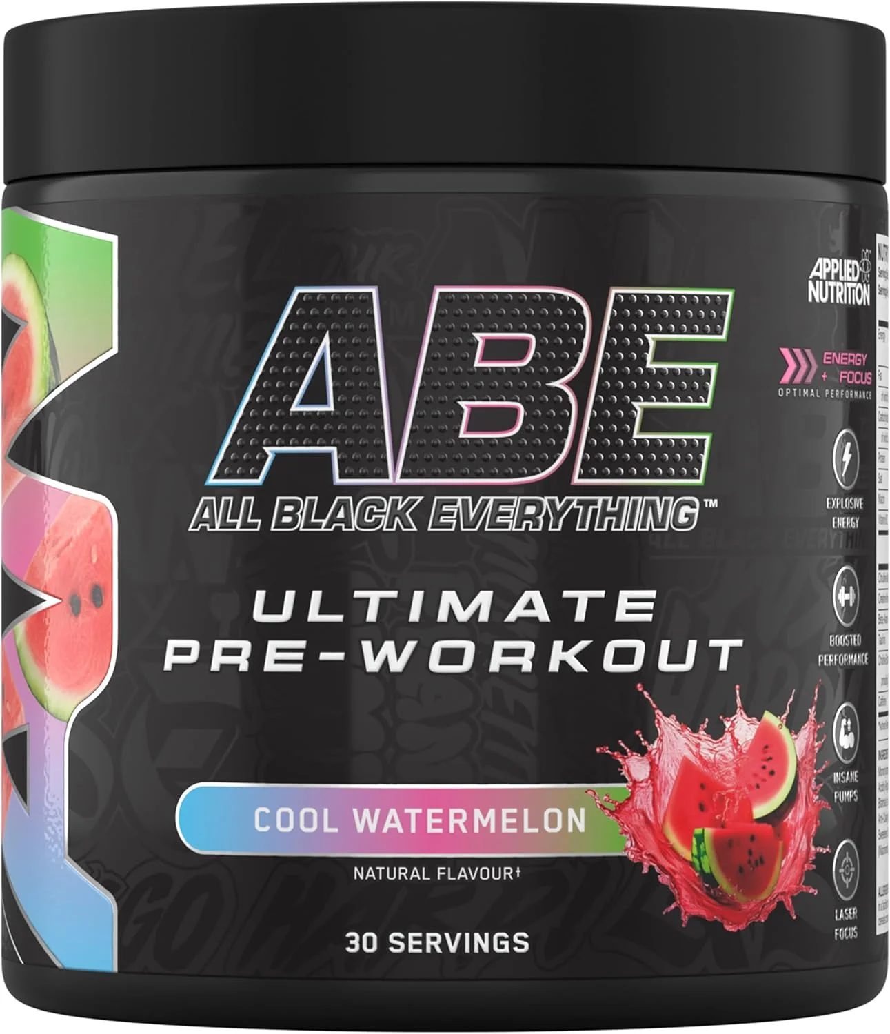 مکمل قبل از تمرین Applied Nutrition ABE - پودر قبل از تمرین All Black Everything، انرژی و عملکرد فیزیکی با سیترولین، کراتین، بتا آلانین (375 گرم - 30 سروینگ) (هندوانه خنک)