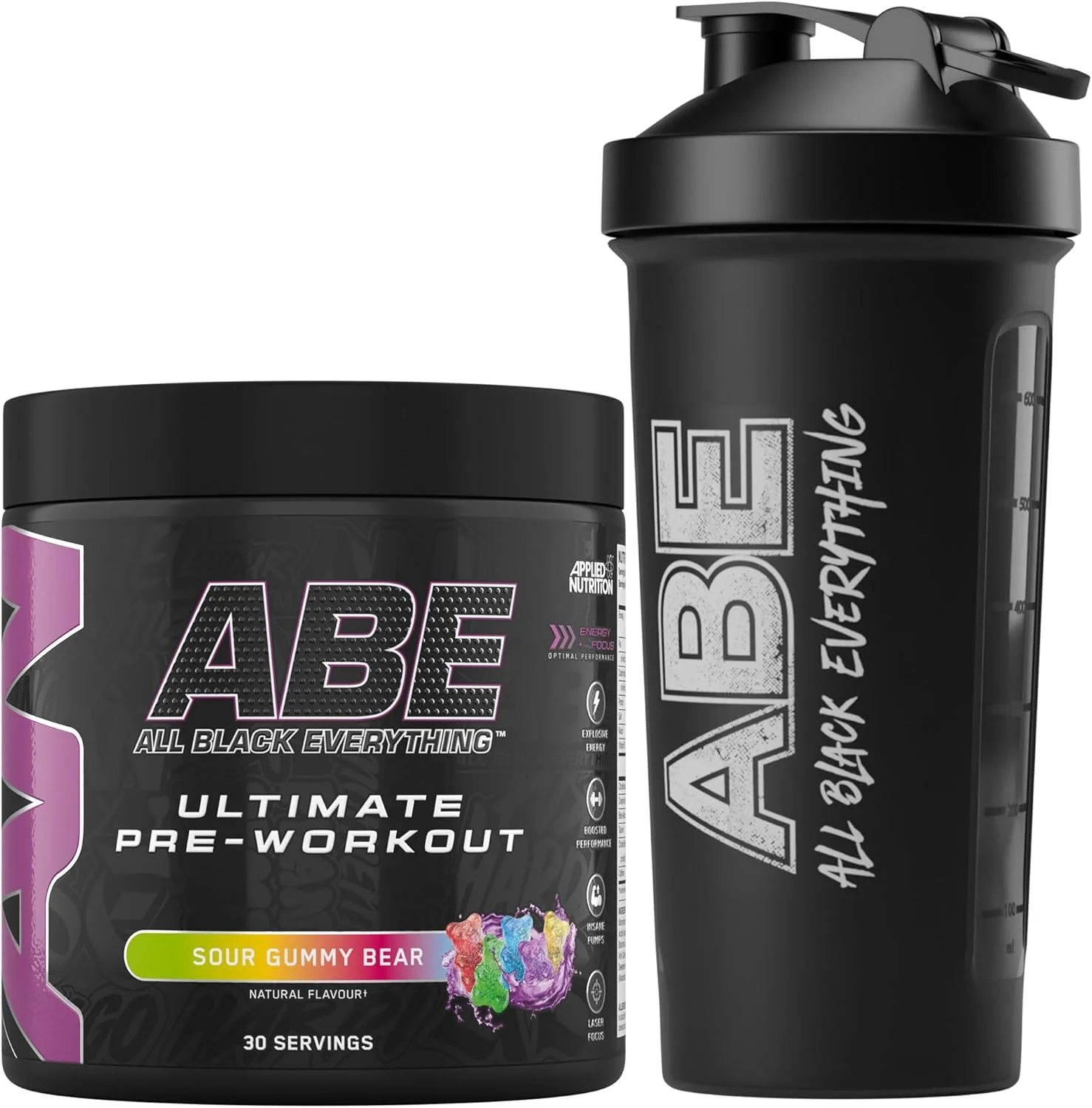 بسته تغذیه کاربردی ABE قبل از تمرین 375 گرم + شیکر مشکی ABE 700 میلی لیتر | پودر قبل از تمرین All Black Everything، نوشیدنی انرژی زا، عملکرد فیزیکی، کراتین، بتا آلانین، کافئین (خرس صمغی ترش)