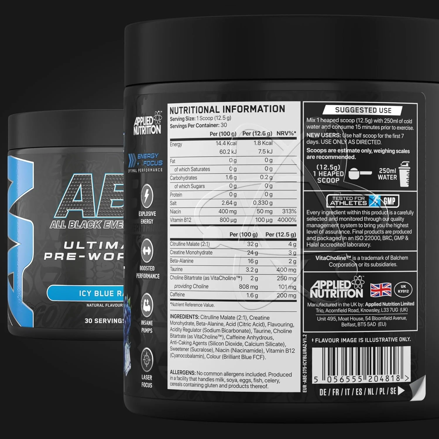 مکمل قبل از تمرین Applied Nutrition ABE - پودر قبل از تمرین All Black Everything، انرژی و عملکرد فیزیکی با سیترولین، کراتین، بتا آلانین (375 گرم - 30 سروینگ) (یخی بلو راز) مکمل قبل از تمرین Applied Nutrition ABE - پودر قبل از تمرین All Black Everything، انرژی و عملکرد فیزیکی با سیترولین، کراتین، بتا آلانین (375 گرم - 30 سروینگ) (یخی بلو راز)