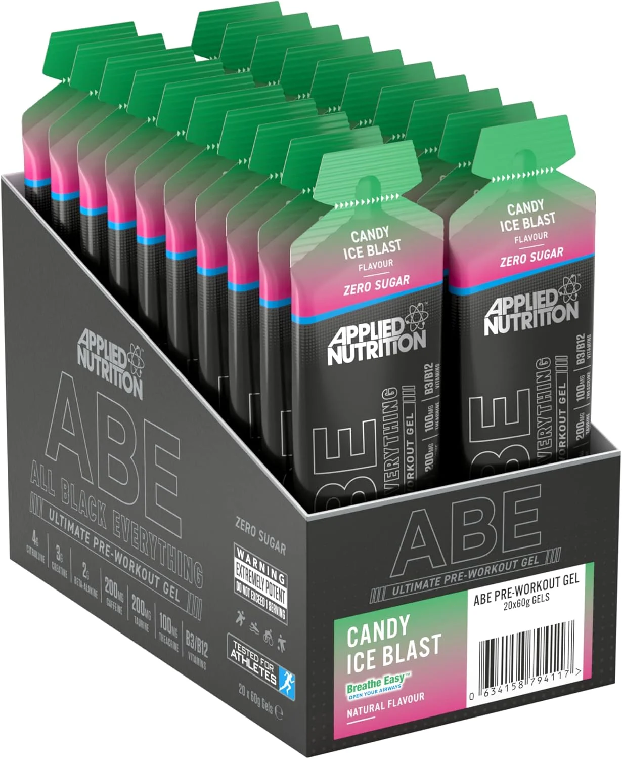 ژل قبل از تمرین ABE Applied Nutrition - ژل قبل از تمرین All Black Everything، انرژی و عملکرد فیزیکی با سیترولین، کراتین، بتا آلانین (20 عدد ژل 60 میلی لیتری) (Candy Ice Blast)