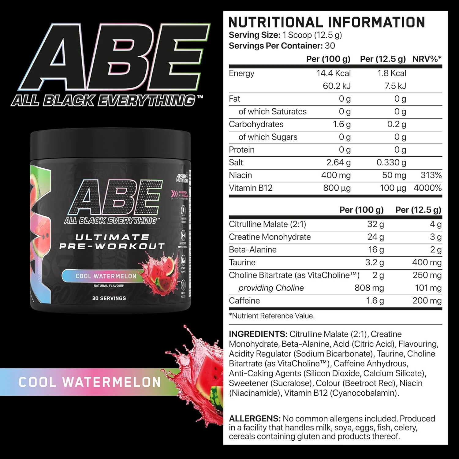 مکمل قبل از تمرین Applied Nutrition ABE - پودر قبل از تمرین All Black Everything، انرژی و عملکرد فیزیکی با سیترولین، کراتین، بتا آلانین (375 گرم - 30 سروینگ) (هندوانه خنک) مکمل قبل از تمرین Applied Nutrition ABE - پودر قبل از تمرین All Black Everything، انرژی و عملکرد فیزیکی با سیترولین، کراتین، بتا آلانین (375 گرم - 30 سروینگ) (هندوانه خنک)