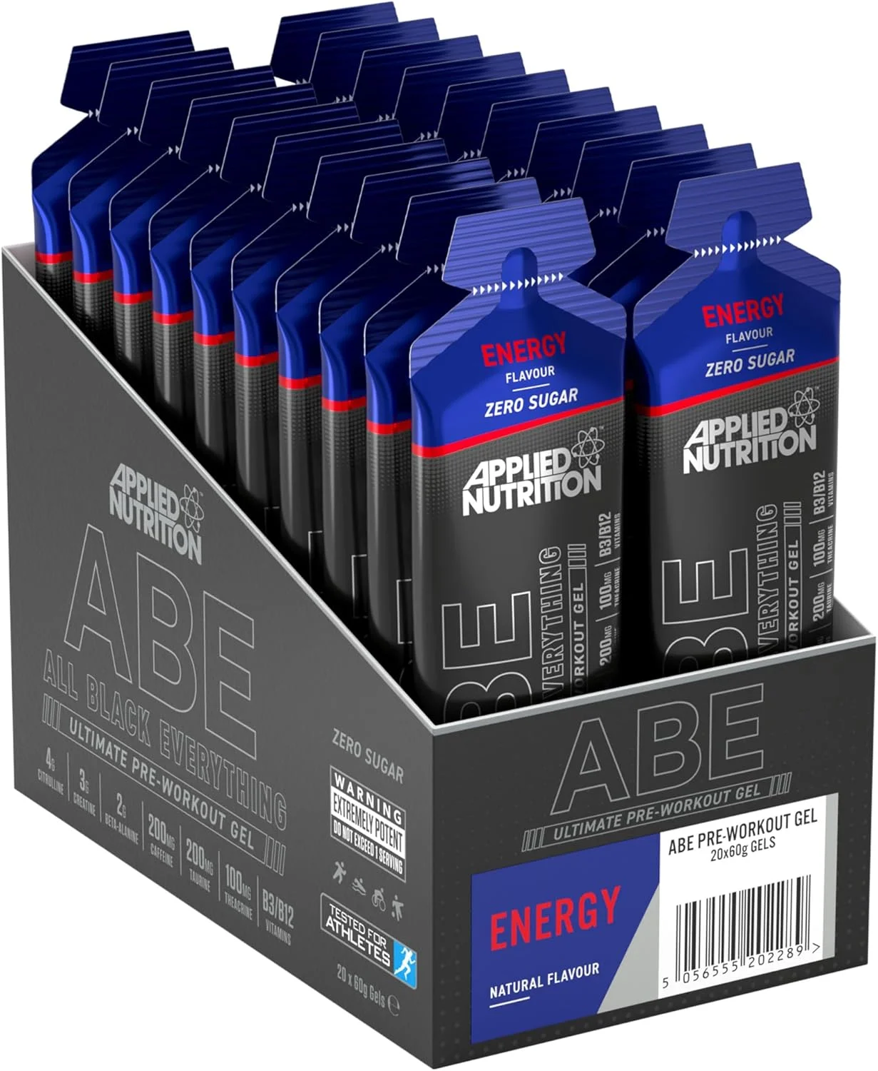 ژل قبل از تمرین ABE Applied Nutrition - ژل قبل از تمرین All Black Everything، انرژی و عملکرد فیزیکی با سیترولین، کراتین، بتا آلانین (20 عدد ژل 60 میلی لیتری) (طعم انرژی)