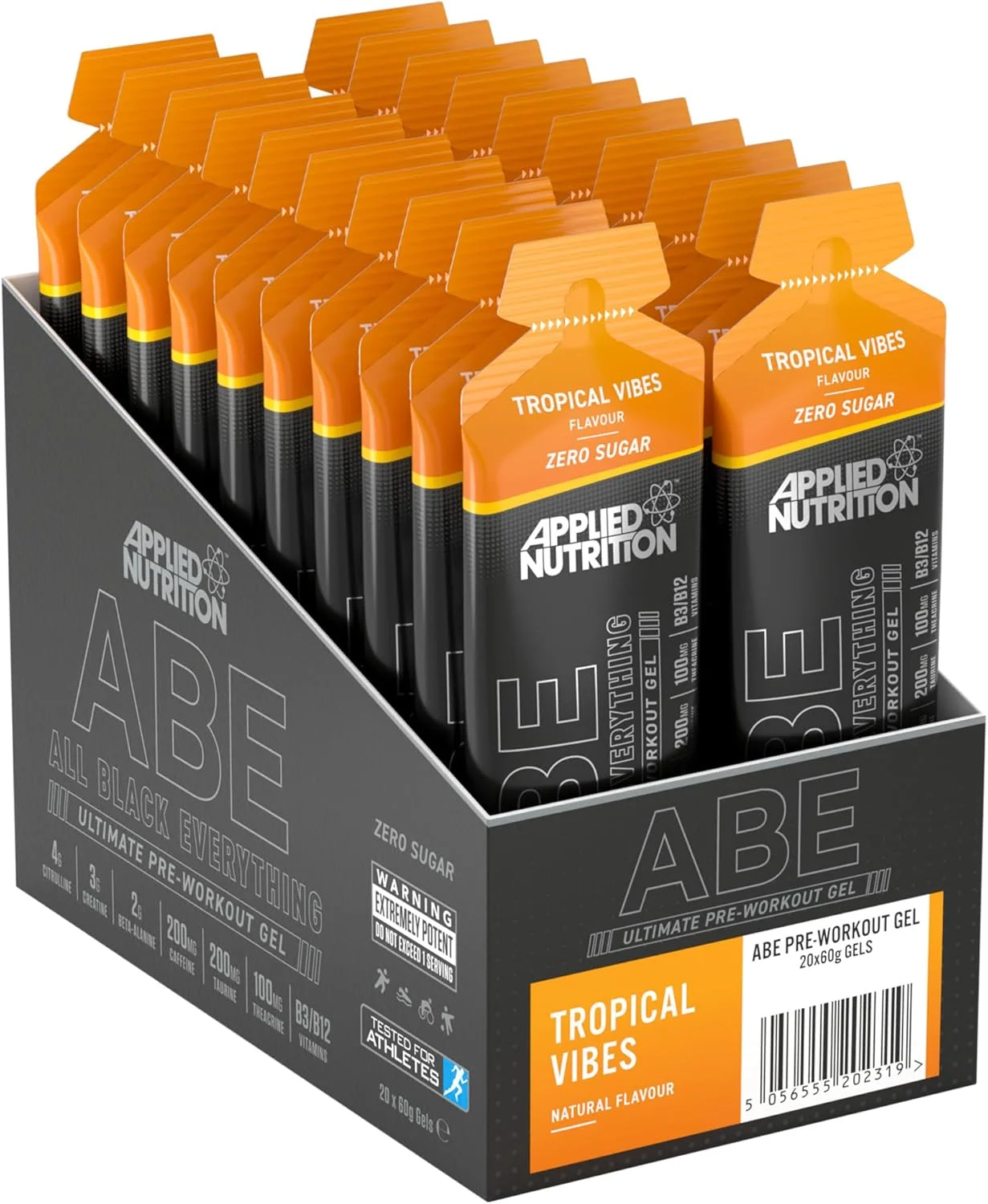 ژل قبل از تمرین ABE Applied Nutrition - ژل قبل از تمرین All Black Everything، انرژی و عملکرد فیزیکی با سیترولین، کراتین، بتا آلانین (20 عدد ژل 60 میلی لیتری) (Tropical Vibes)