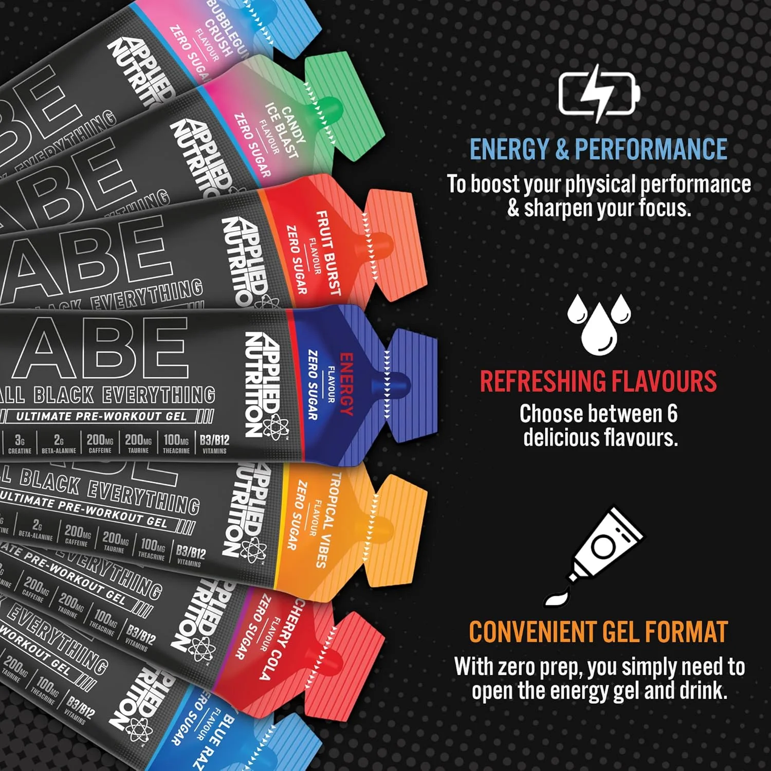 ژل قبل از تمرین ABE Applied Nutrition - ژل قبل از تمرین All Black Everything، انرژی و عملکرد فیزیکی با سیترولین، کراتین، بتا آلانین (20 عدد ژل 60 میلی لیتری) (طعم انرژی) ژل قبل از تمرین ABE Applied Nutrition - ژل قبل از تمرین All Black Everything، انرژی و عملکرد فیزیکی با سیترولین، کراتین، بتا آلانین (20 عدد ژل 60 میلی لیتری) (طعم انرژی)