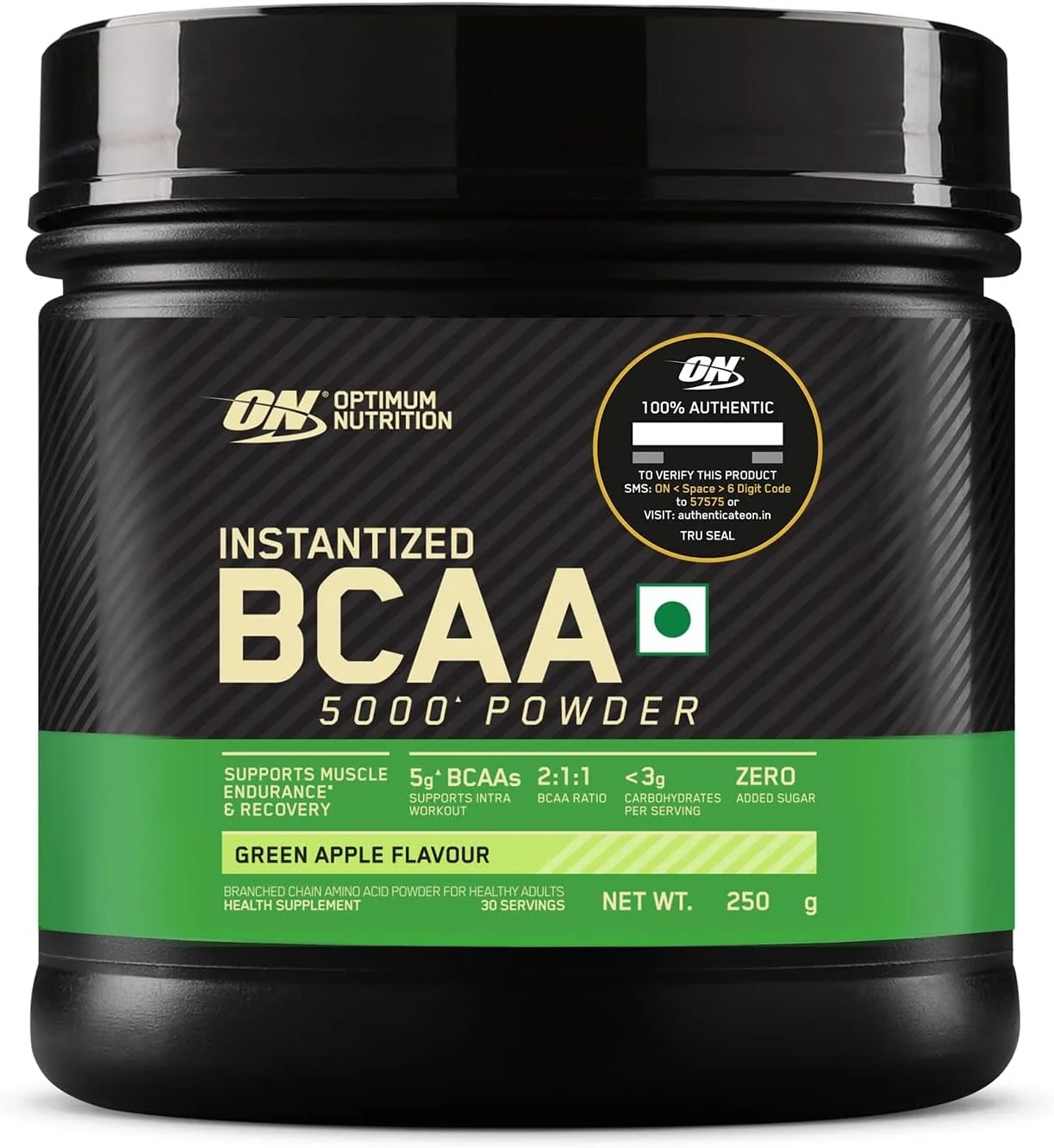 اپتیموم نوتریشن BCAA، 5 گرم BCAA با نسبت 2:1:1، 30 سروینگ، برای ریکاوری و استقامت عضلات، حین تمرین، دارای گواهی Informed Choice (250 گرم، سیب سبز)