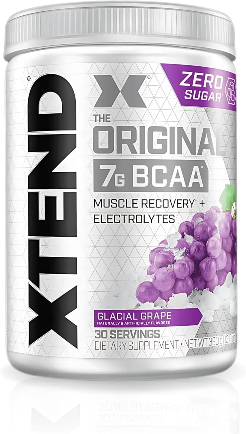 پودر BCAA اورجینال XTEND با طعم انگور یخچالی، بدون کالری، بدون کربوهیدرات، بدون شکر، نوشیدنی ریکاوری عضلات بعد از تمرین با آمینو اسیدها، 7 گرم BCAA برای مردان و زنان، 30 سروینگ