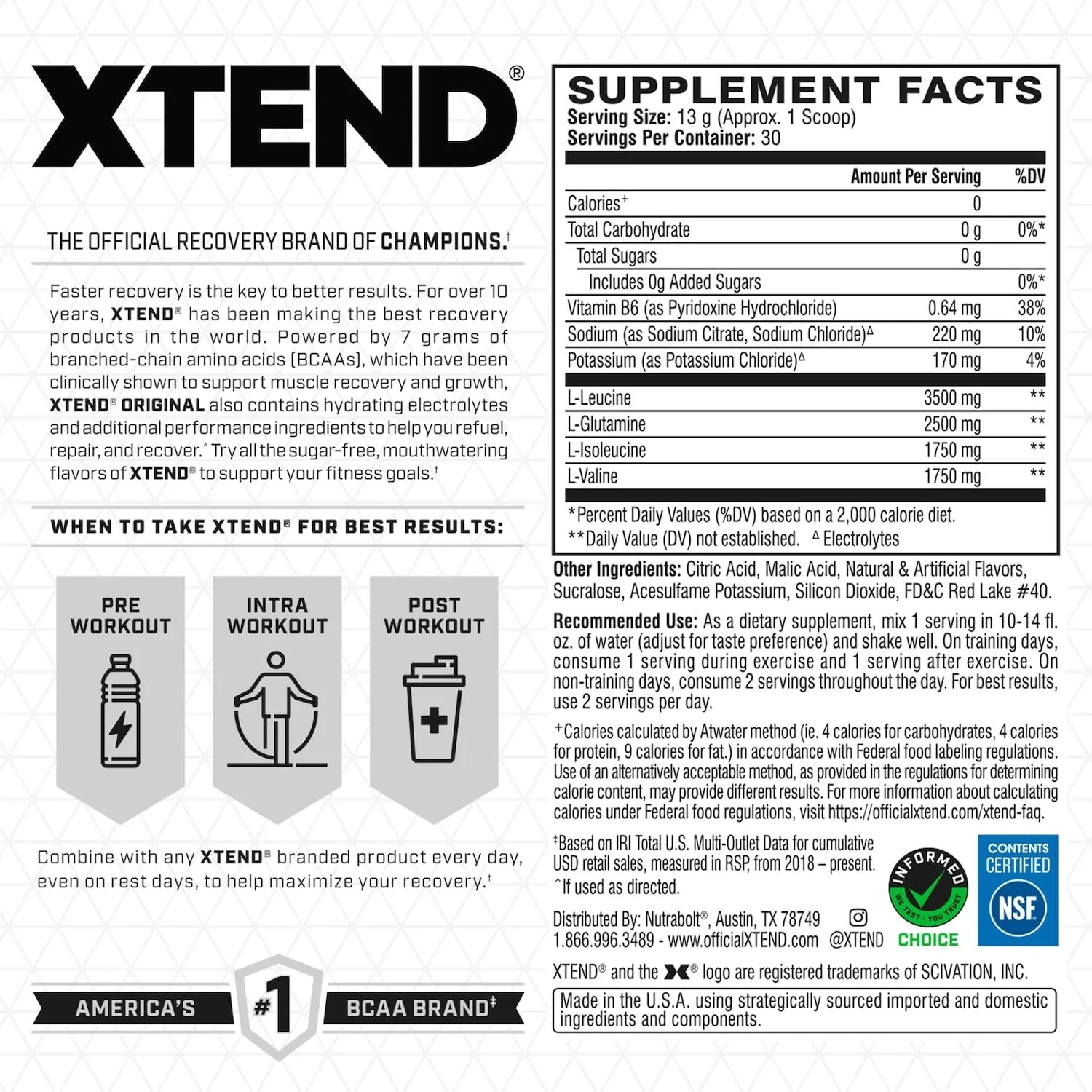 پودر BCAA اورجینال XTEND با طعم توت فرنگی کیوی | بدون کالری، بدون کربوهیدرات، بدون شکر - نوشیدنی ریکاوری عضلات بعد از تمرین با آمینو اسیدها - 7 گرم BCAA برای مردان و زنان | 30 سروینگ