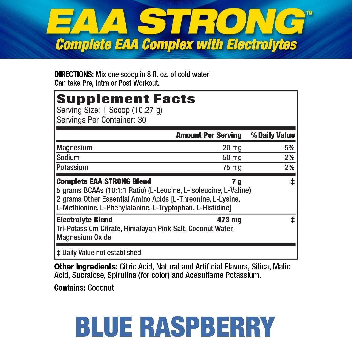 MHP - عملکرد حداکثر انسانی EAA Strong اسیدهای آمینه ضروری BCAA برای داخل تمرین/بعد از تمرین - (تمشک آبی، 308.1 گرم) 30 سروینگ