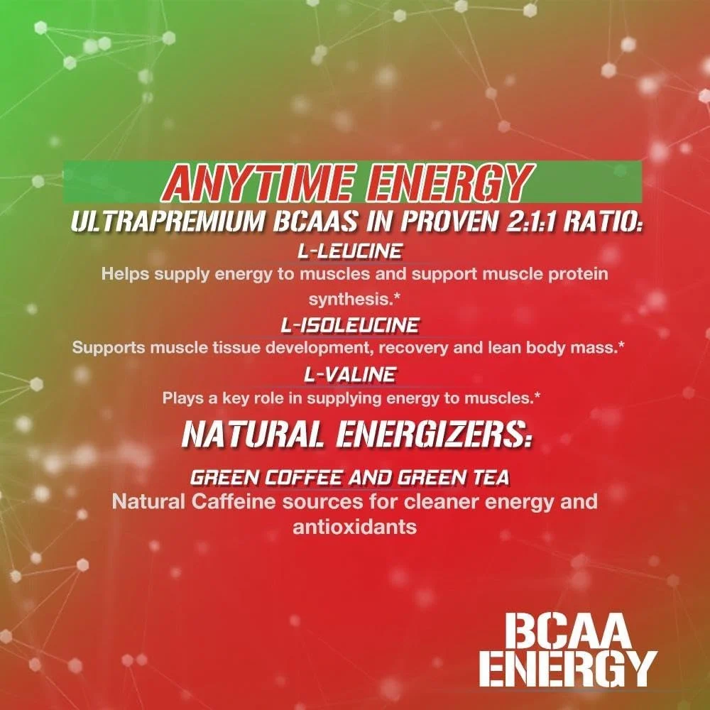 Evlution Nutrition BCAA Energy - مکمل اسید آمینه انرژی زا و با عملکرد بالا برای عضله سازی، ریکاوری و استقامت، طعم گیلاس لیمویی (30 سروینگ)