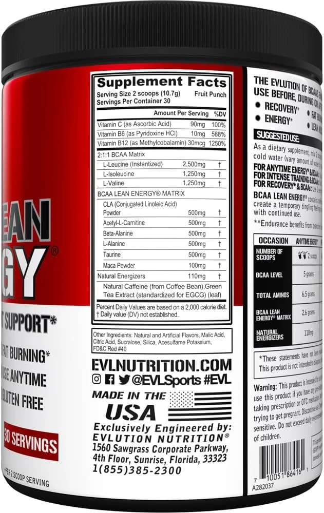 Evlution Nutrition BCAA Lean Energy - آمینو اسید انرژی زا برای ریکاوری و عضله سازی، با فرمول چربی سوز، 30 سروینگ (پانچ میوه)