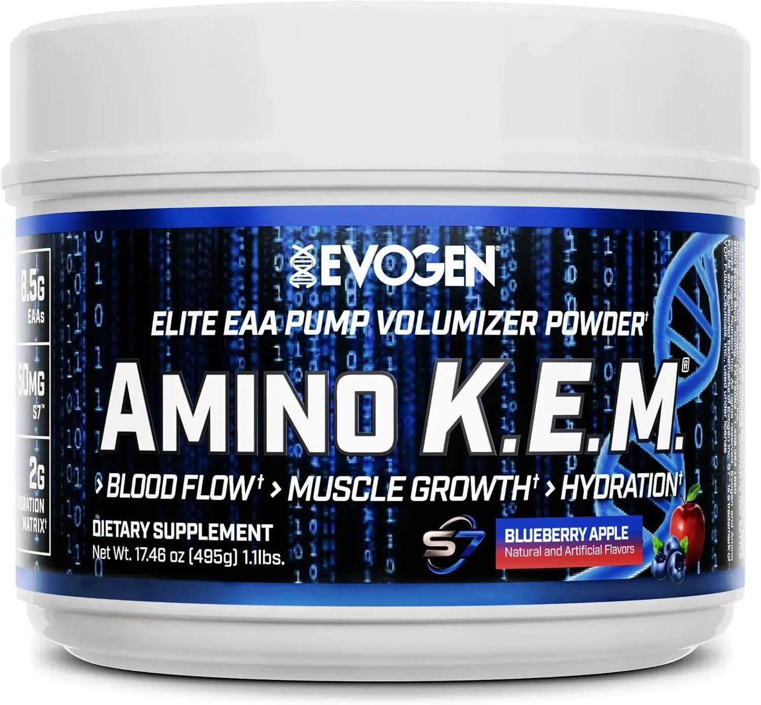 Evogen Amino KEM | آمینو اسیدهای ضروری ممتاز، EAA و BCAA، اکسید نیتریک، بتائین بدون آب، S7، ریکاوری، افزایش حجم، کاتالیزور پمپ | بلوبری سیب