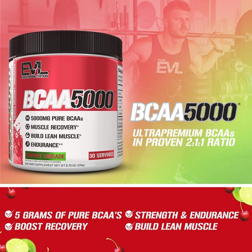 پودر BCAA5000 Evlution Nutrition، 5 گرم BCAA ممتاز، طعم لیموناد گیلاس، 30 سروینگ