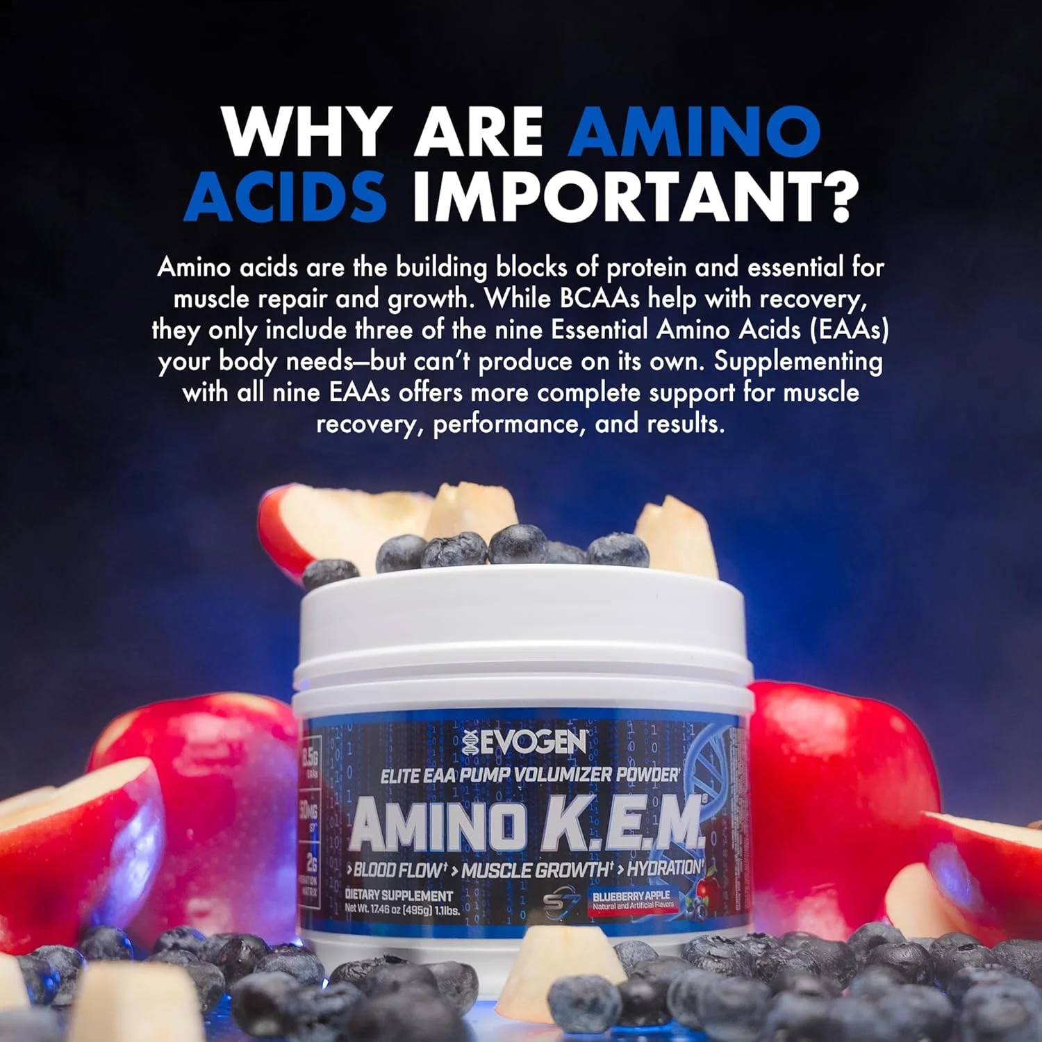 Evogen Amino KEM | آمینو اسیدهای ضروری ممتاز، EAA و BCAA، اکسید نیتریک، بتائین بدون آب، S7، ریکاوری، افزایش حجم، کاتالیزور پمپ | بلوبری سیب Evogen Amino KEM | آمینو اسیدهای ضروری ممتاز، EAA و BCAA، اکسید نیتریک، بتائین بدون آب، S7، ریکاوری، افزایش حجم، کاتالیزور پمپ | بلوبری سیب