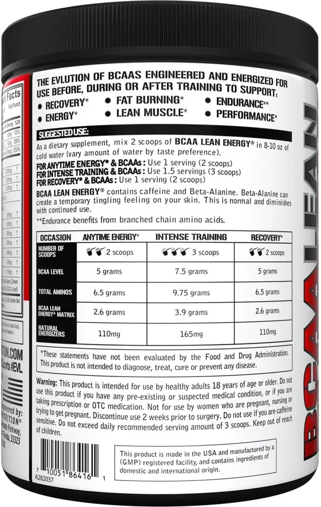 Evlution Nutrition BCAA Lean Energy - آمینو اسید انرژی زا برای ریکاوری و استقامت عضله سازی، با فرمول چربی سوزی، 30 سروینگ (پانچ میوه) Evlution Nutrition BCAA Lean Energy - آمینو اسید انرژی زا برای ریکاوری و استقامت عضله سازی، با فرمول چربی سوزی، 30 سروینگ (پانچ میوه)