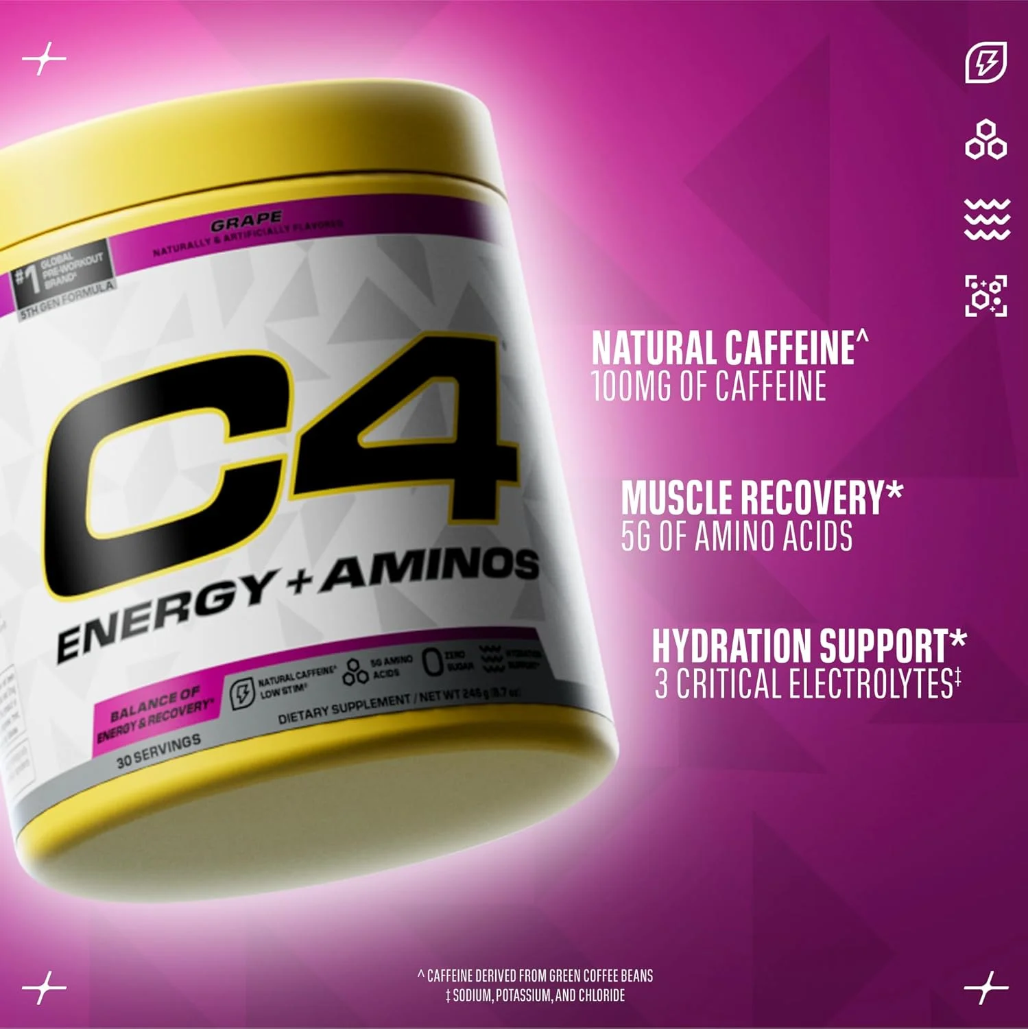 پودر انرژی + آمینو C4 سلوکور، 5 گرم BCAA و EAA برای ریکاوری عضلات، 3 الکترولیت برای آبرسانی، 100 میلی گرم کافئین طبیعی قبل از تمرین بدون شکر، 30 سروینگ، انگور پودر انرژی + آمینو C4 سلوکور، 5 گرم BCAA و EAA برای ریکاوری عضلات، 3 الکترولیت برای آبرسانی، 100 میلی گرم کافئین طبیعی قبل از تمرین بدون شکر، 30 سروینگ، انگور