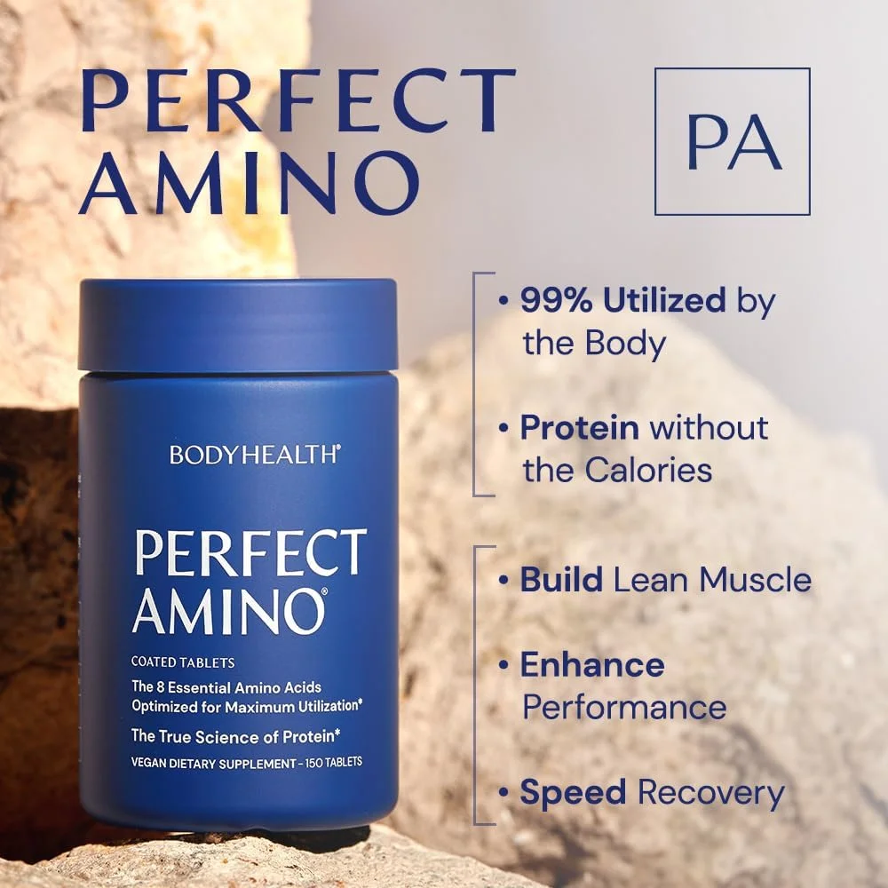 قرص های PerfectAmino BodyHealth با بلع آسان (150 عدد)، مکمل اسیدهای آمینه ضروری با BCAAs، پروتئین وگان برای قبل/بعد از تمرین و ریکاوری عضلات با لیزین، تریپتوفان، لوسین، متیونین