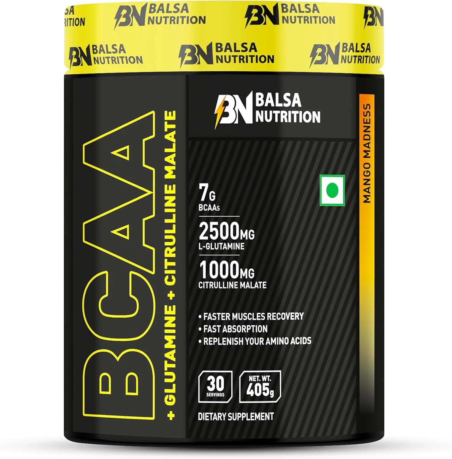پودر BCAA بالسا نوتریشن با گلوتامین + سیترولین مالات - 405 گرم، 30 سروینگ (انبه دیوانگی) | اسید آمینه برای ریکاوری و استقامت عضلات، افزایش انرژی و ایمنی | غیر GMO