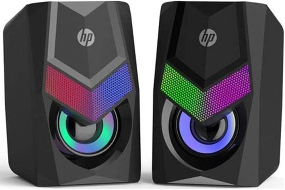اسپیکر سیم دار HP DHE-6000 با نور پس زمینه RGB، پخش کننده صوتی، استریو چند رسانه ای مینی ساب ووفر صدای فراگیر 360 درجه (مشکی)