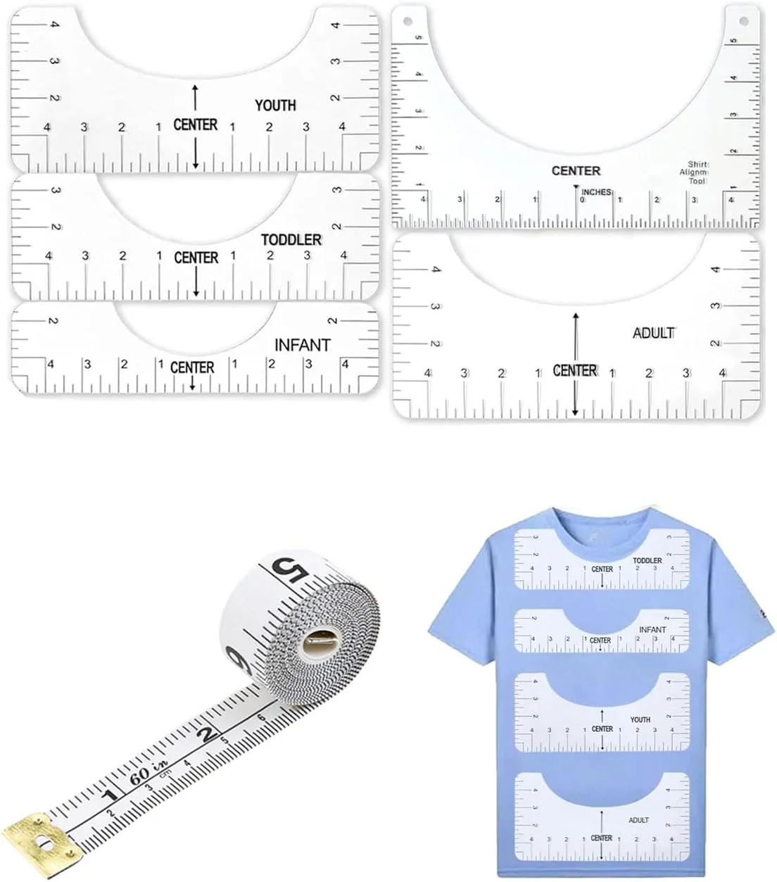 مجموعه خط کش خیاطی 5 تکه TOZBLEU با متر نواری، خط کش های مربعی و منحنی، ایده آل برای طراحی لباس DIY