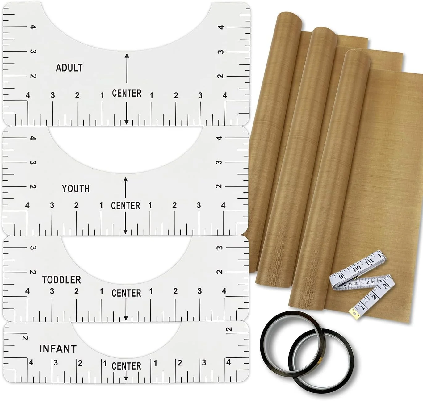 خط کش تراز تی شرت، نوار مقاوم در برابر حرارت 10 میلی متر در 33 متر، ورق تفلون PTFE 16 در 20 اینچ - 4 خط کش، 2 رول نوار مقاوم در برابر حرارت، 3 بسته ورق تفلون PTFE و 1 متر نواری شامل می شود خط کش تراز تی شرت، نوار مقاوم در برابر حرارت 10 میلی متر در 33 متر، ورق تفلون PTFE 16 در 20 اینچ - 4 خط کش، 2 رول نوار مقاوم در برابر حرارت، 3 بسته ورق تفلون PTFE و 1 متر نواری شامل می شود
