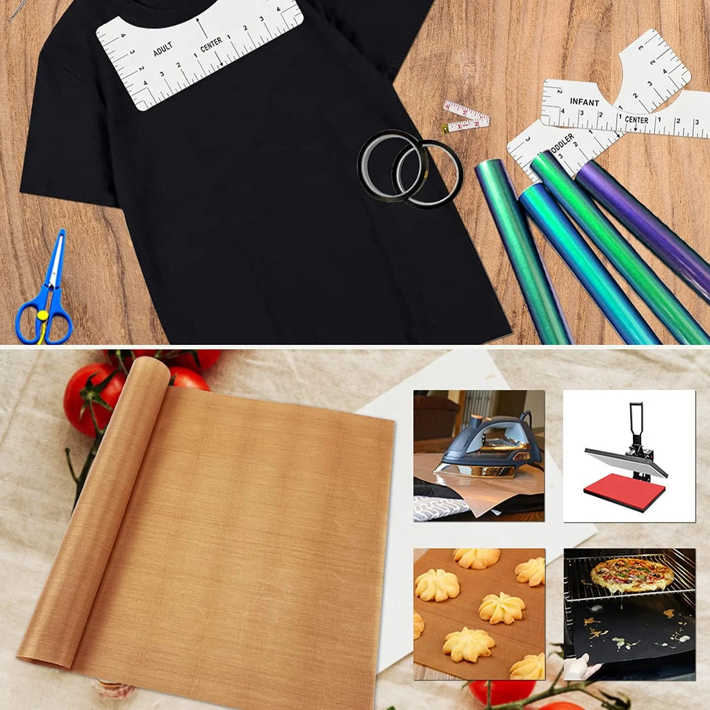 خط کش تراز تی شرت، نوار مقاوم در برابر حرارت 10 میلی متر در 33 متر، ورق تفلون PTFE 16 در 20 اینچ - 4 خط کش، 2 رول نوار مقاوم در برابر حرارت، 3 بسته ورق تفلون PTFE و 1 متر نواری شامل می شود خط کش تراز تی شرت، نوار مقاوم در برابر حرارت 10 میلی متر در 33 متر، ورق تفلون PTFE 16 در 20 اینچ - 4 خط کش، 2 رول نوار مقاوم در برابر حرارت، 3 بسته ورق تفلون PTFE و 1 متر نواری شامل می شود