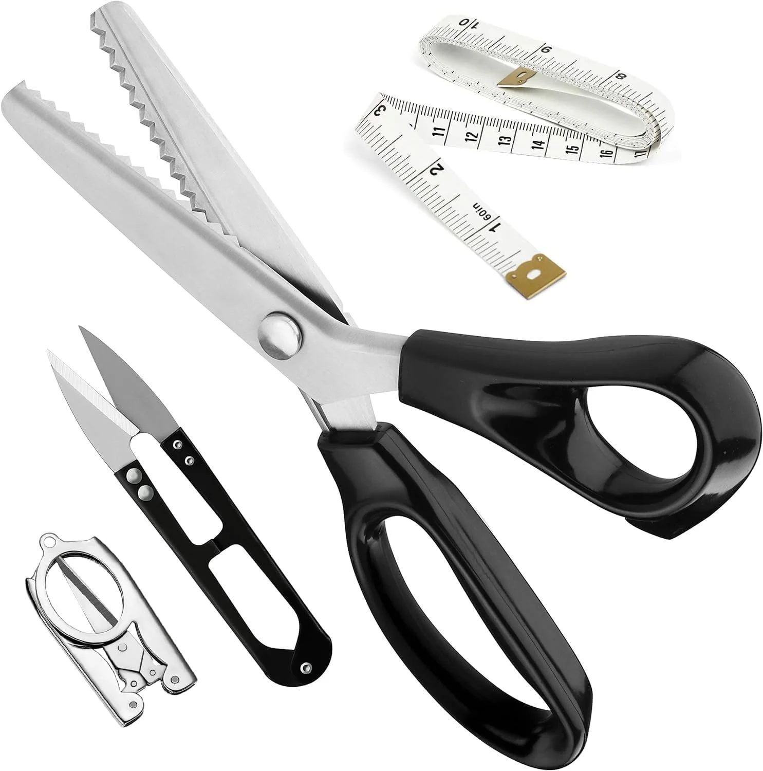 ست قیچی زیگزاگ پارچه، قیچی دالبر 23.5 سانتی متری به همراه قیچی نخ، قیچی تاشو و متر خیاطی، قیچی خیاطی استیل مشکی، قیچی تیز برای برش پارچه و صنایع دستی کاغذی ست قیچی زیگزاگ پارچه، قیچی دالبر 23.5 سانتی متری به همراه قیچی نخ، قیچی تاشو و متر خیاطی، قیچی خیاطی استیل مشکی، قیچی تیز برای برش پارچه و صنایع دستی کاغذی