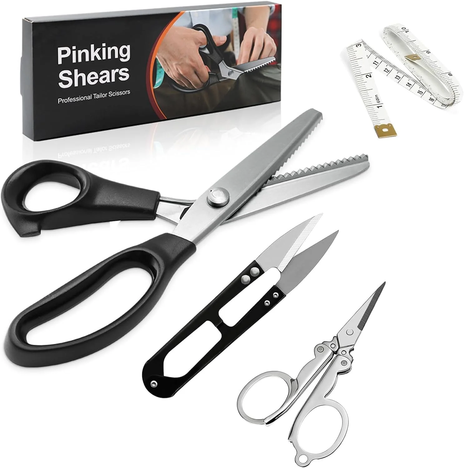 ست قیچی زیگزاگ پارچه، قیچی دالبر 23.5 سانتی متری به همراه قیچی نخ، قیچی تاشو و متر خیاطی، قیچی خیاطی استیل مشکی، قیچی تیز برای برش پارچه و صنایع دستی کاغذی ست قیچی زیگزاگ پارچه، قیچی دالبر 23.5 سانتی متری به همراه قیچی نخ، قیچی تاشو و متر خیاطی، قیچی خیاطی استیل مشکی، قیچی تیز برای برش پارچه و صنایع دستی کاغذی