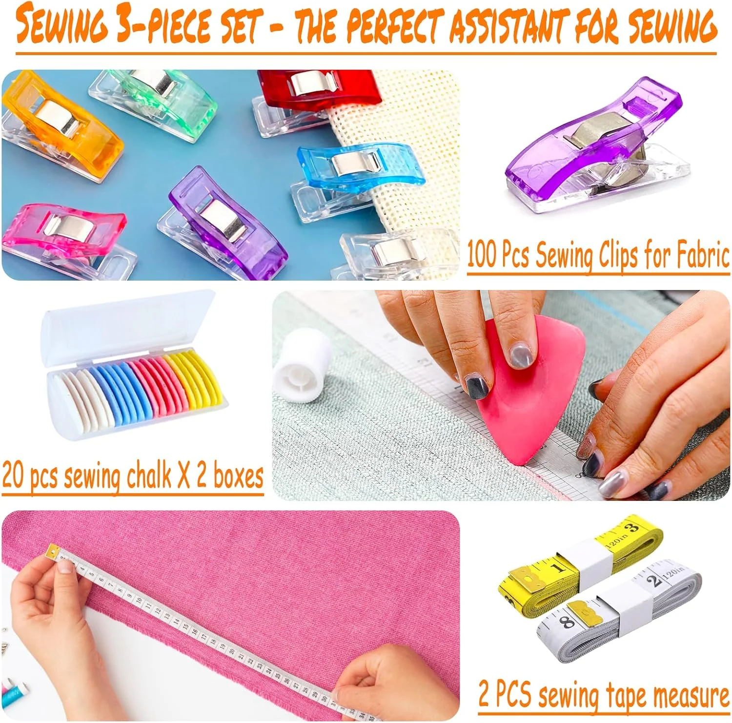 ست سه تکه لوازم خیاطی شامل 100 عدد گیره خیاطی برای پارچه و لحاف دوزی، 40 عدد گچ خیاطی، 2 عدد متر پارچه ای، مناسب برای اندازه گیری، علامت گذاری و ثابت کردن پارچه ست سه تکه لوازم خیاطی شامل 100 عدد گیره خیاطی برای پارچه و لحاف دوزی، 40 عدد گچ خیاطی، 2 عدد متر پارچه ای، مناسب برای اندازه گیری، علامت گذاری و ثابت کردن پارچه