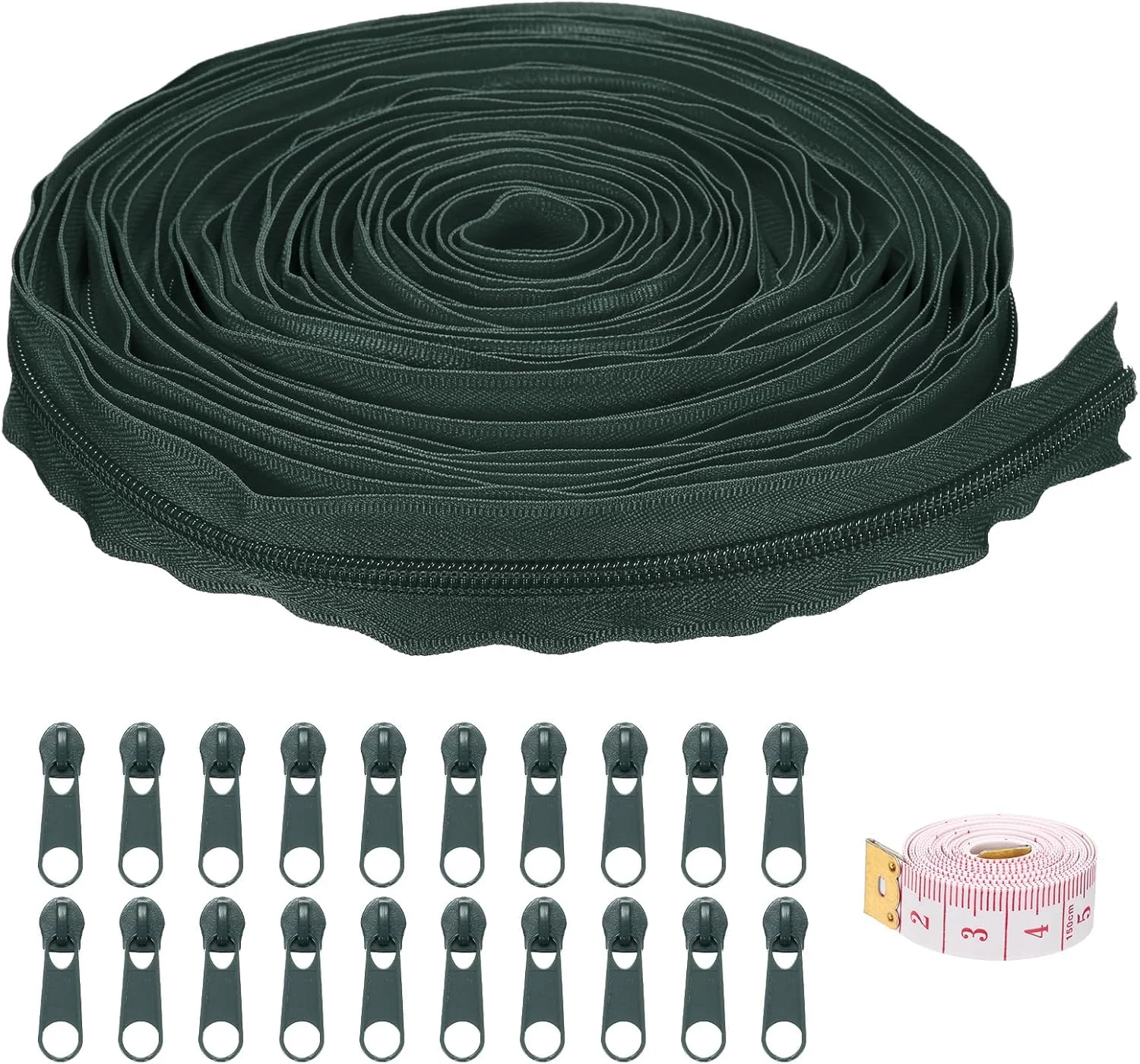 زیپ‌های مارپیچ نایلونی شماره 5 کوارکزمن، 10 یاردی، بسته عمده زیپ متری با 20 عدد سرزیپ و متر خیاطی برای خیاطی DIY، سبز تیره
