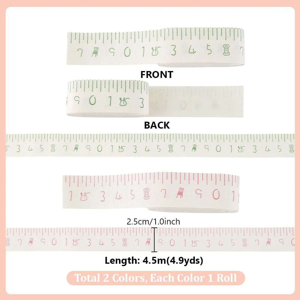 نوار اندازه گیری 9 متری PH PandaHall نوار پنبه ای با خط کش مقیاس نوار 25 میلی متری برای خیاطی دور کمر بدن خیاطان صنعتگران، سبز/صورتی
