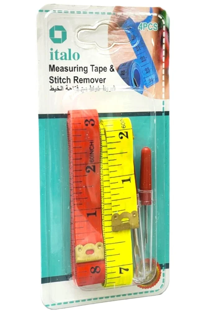 2 عدد متر خیاطی و 2 عدد بشکافنده درز با دسته پلاستیکی، نخ باز کن، ابزار خیاطی با درپوش قرمز 68 میلی متری
