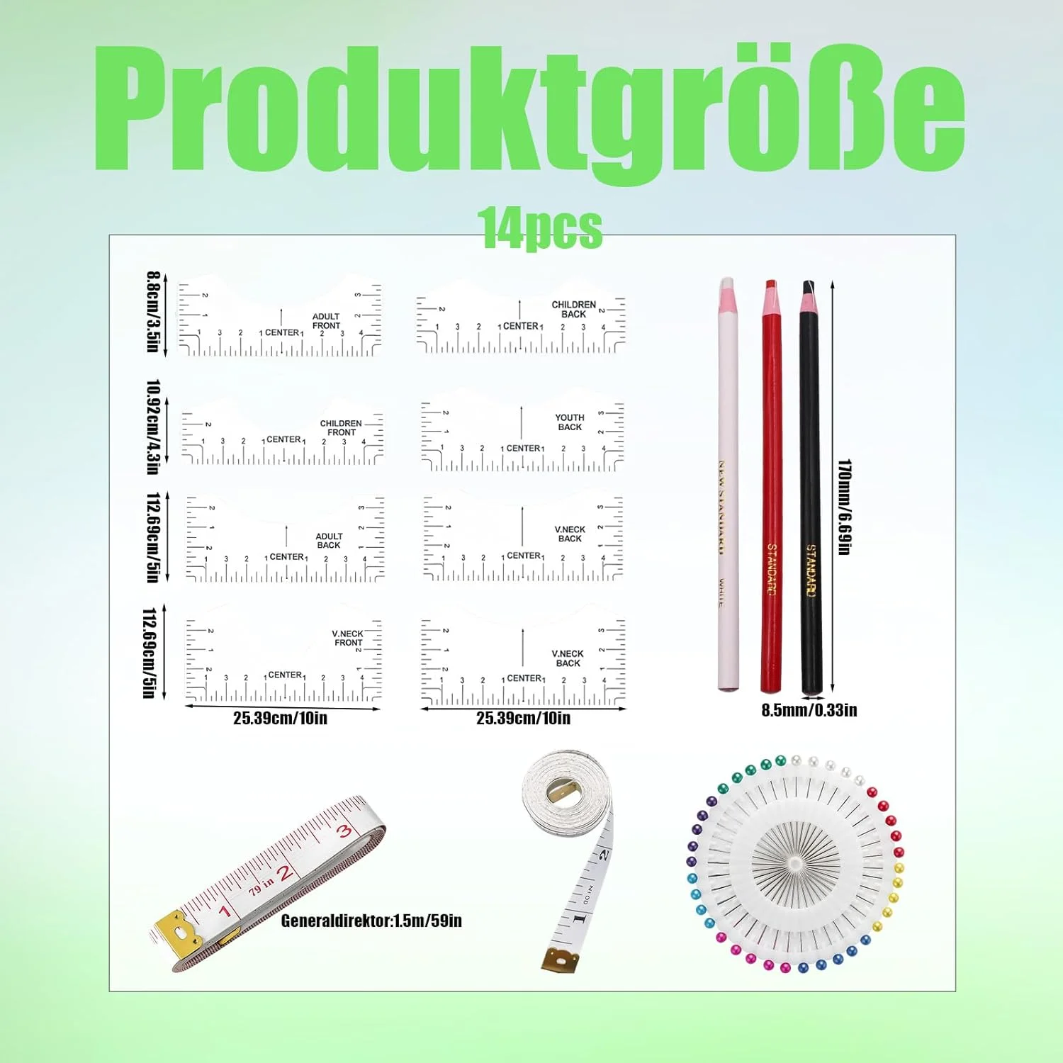 لوازم جانبی پلاتر، ابزار ساخت آستین کوتاه، مجموعه 14 تکه با خط کش تی شرت، متر نواری، سوزن و قلم مارکر، ایده آل برای طراحی تی شرت، خیاطی