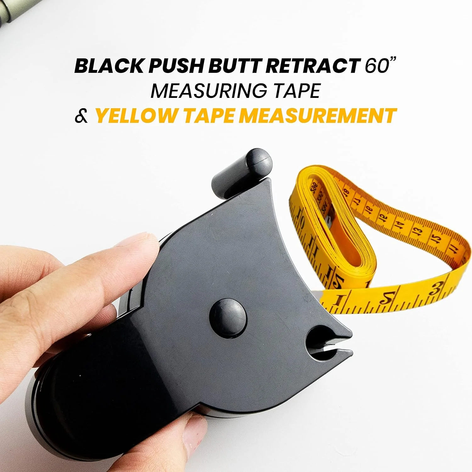 متر خیاطی بدن Performore با طول 150 سانتی متر (60 اینچ) به همراه پین قفل و دکمه فشاری مشکی برای جمع کردن، شامل متر زرد، اندازه گیری دقیق برای خیاطی و اندازه گیری بدن