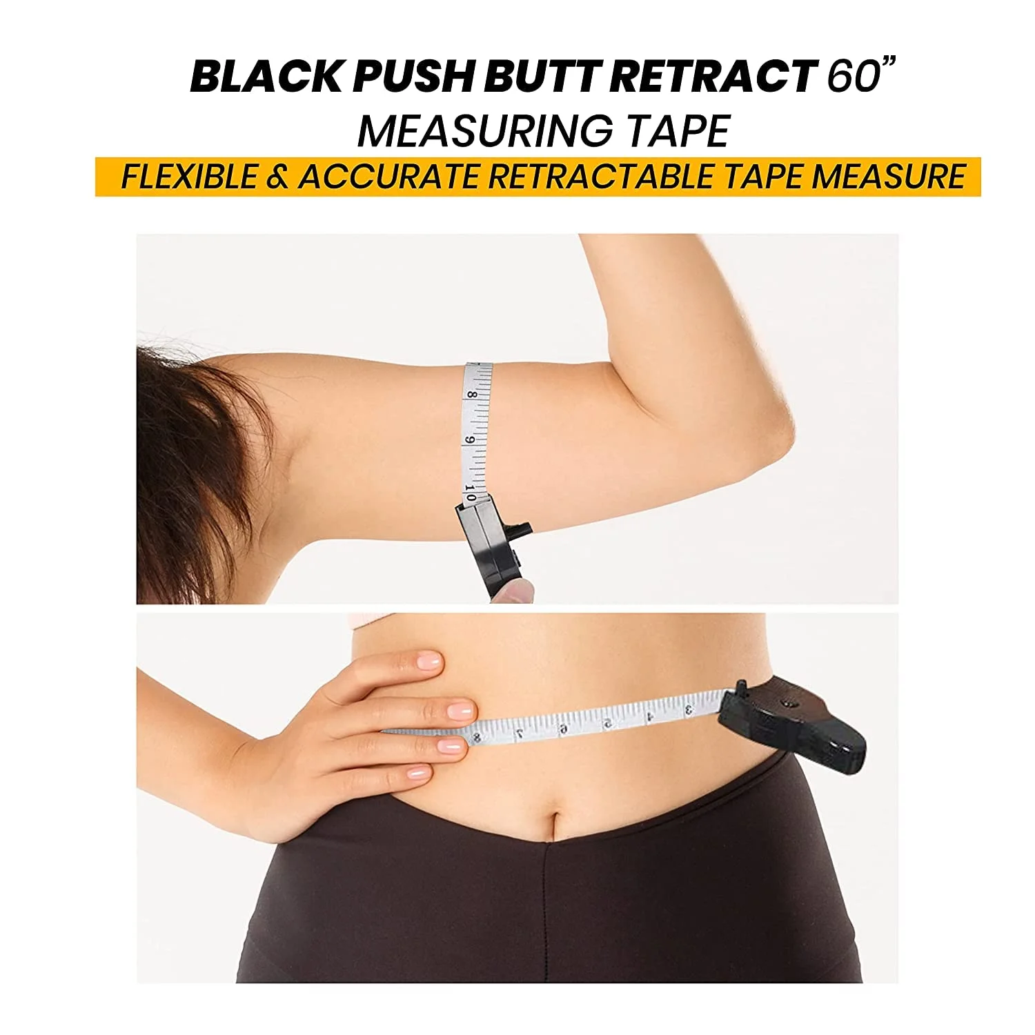 متر خیاطی بدن Performore با طول 150 سانتی متر (60 اینچ) به همراه پین قفل و دکمه فشاری مشکی برای جمع کردن، شامل متر زرد، اندازه گیری دقیق برای خیاطی و اندازه گیری بدن