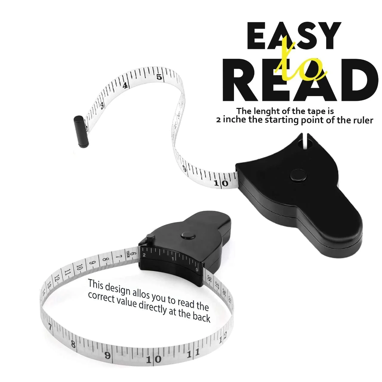متر خیاطی بدن Performore با طول 150 سانتی متر (60 اینچ) به همراه پین قفل و دکمه فشاری مشکی برای جمع کردن، شامل متر زرد، اندازه گیری دقیق برای خیاطی و اندازه گیری بدن