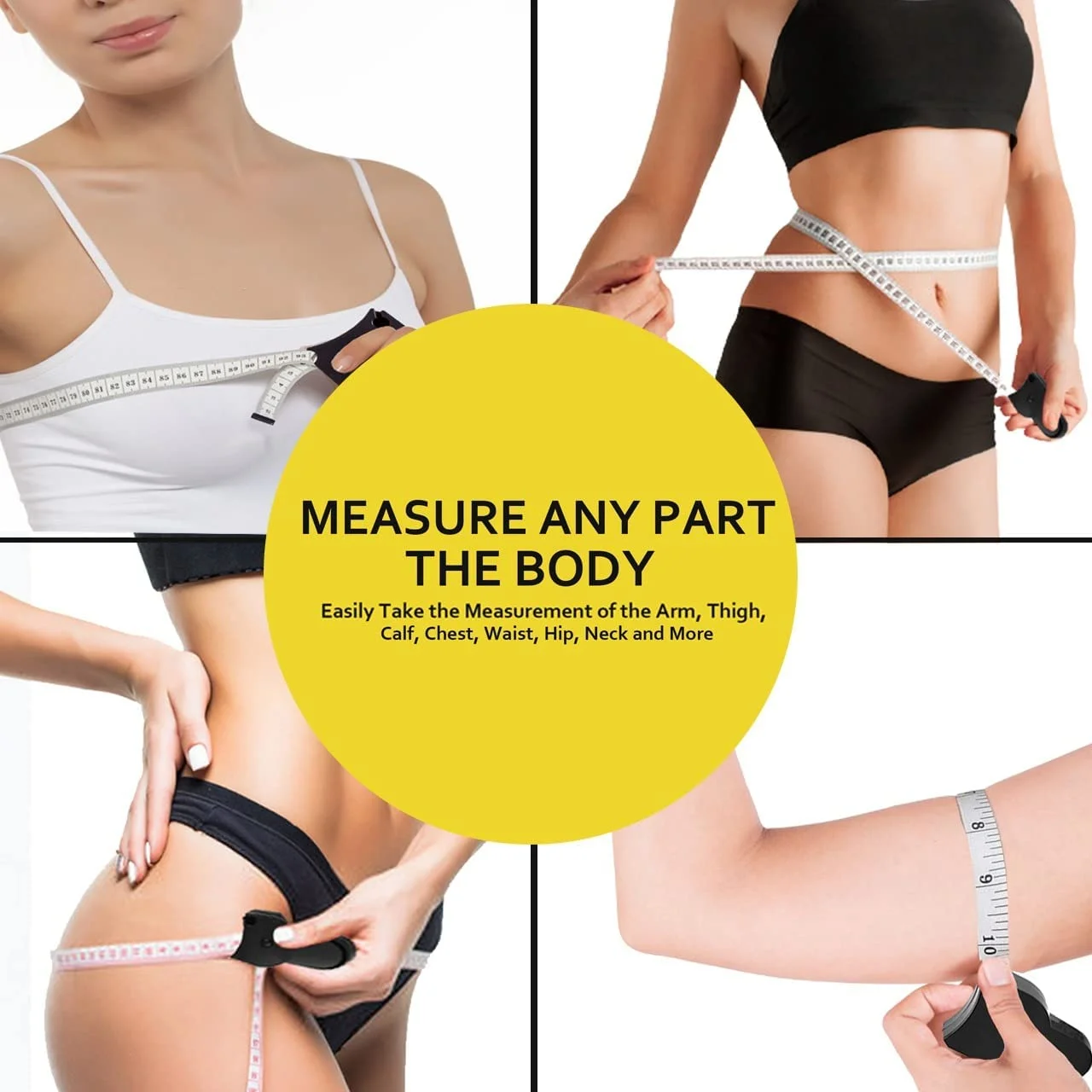 متر خیاطی بدن Performore با طول 150 سانتی متر (60 اینچ) به همراه پین قفل و دکمه فشاری مشکی برای جمع کردن، شامل متر زرد، اندازه گیری دقیق برای خیاطی و اندازه گیری بدن